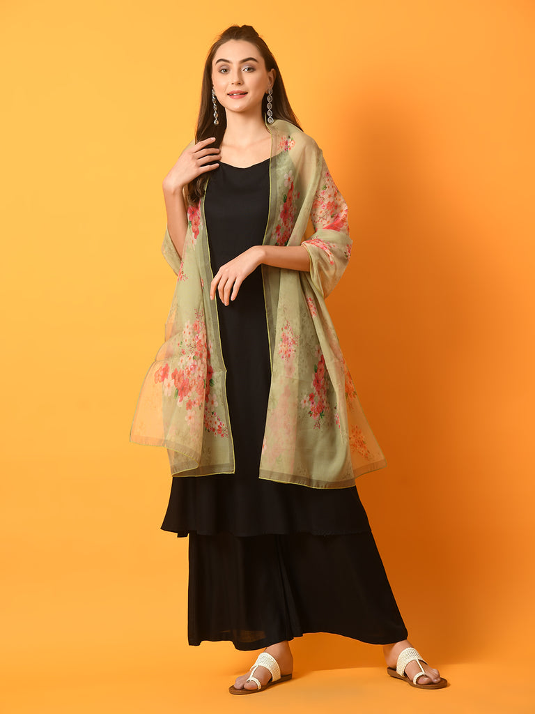 Women's  Black Solid Anarkali Party Kurta Sets With Printed Dupatta