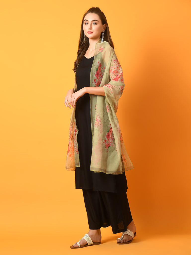 Women's  Black Solid Anarkali Party Kurta Sets With Printed Dupatta