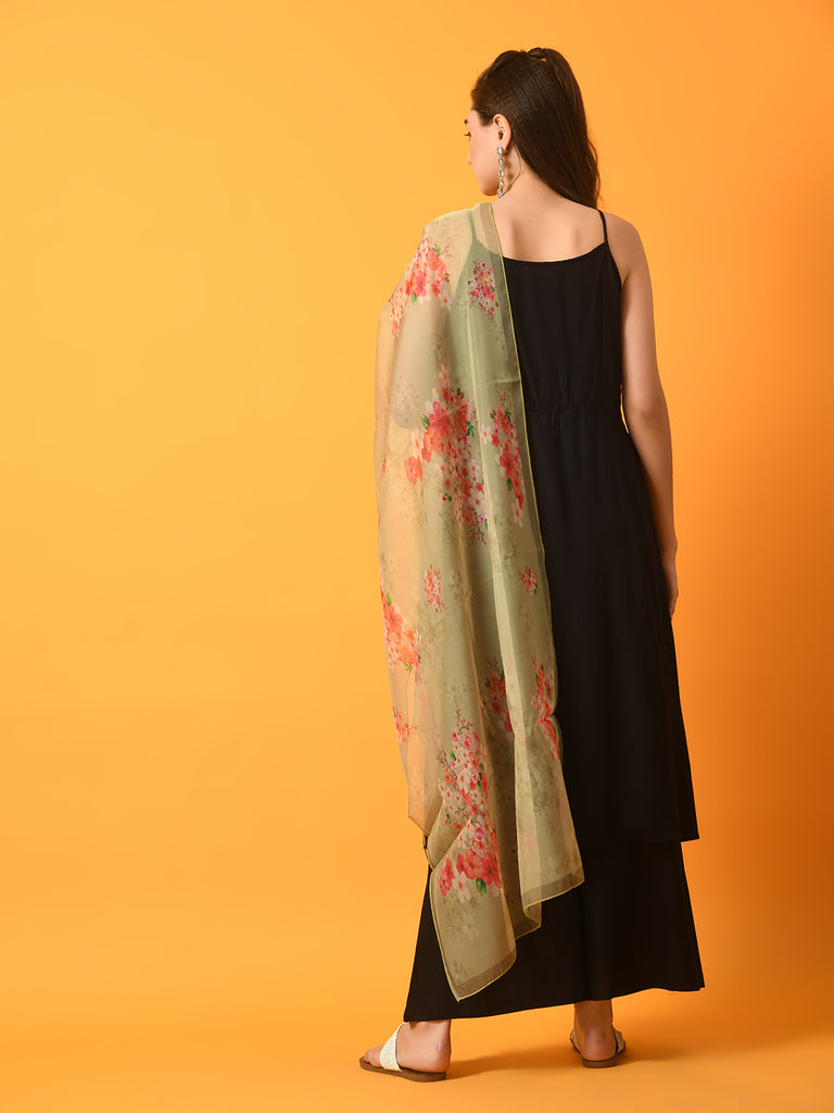 Women's  Black Solid Anarkali Party Kurta Sets With Printed Dupatta
