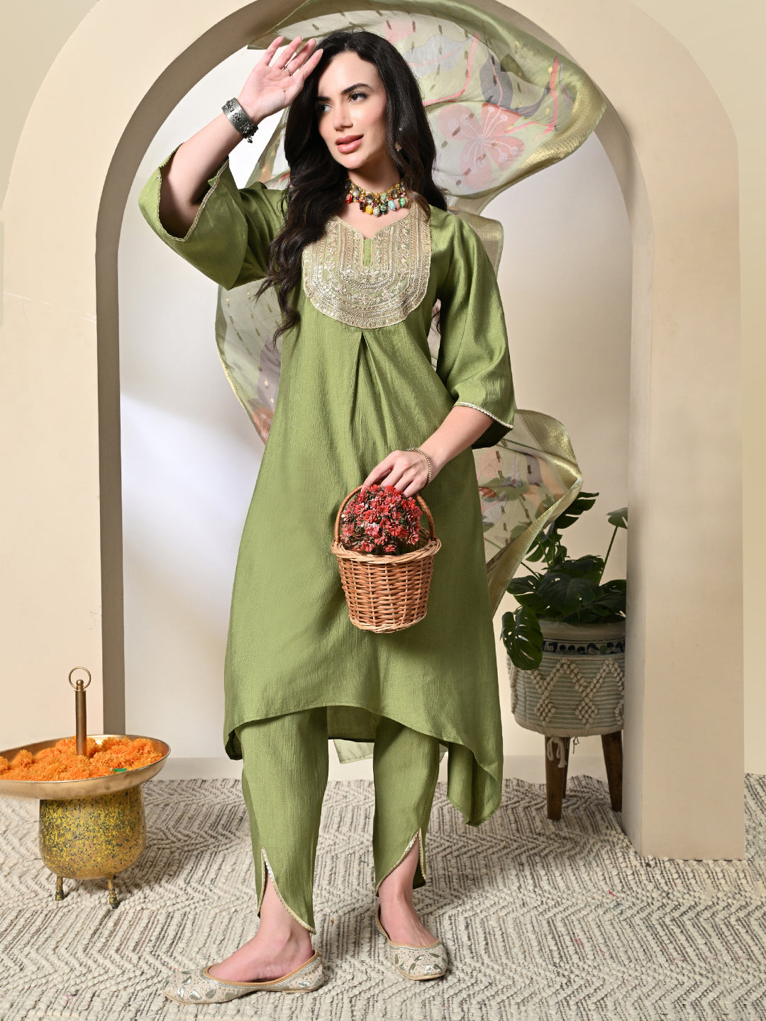 Women's Green Viscose Silk Embroidered Kurta & Dhoti Pants with Printed Dupatta Set Green / L | Trendia Global Women's Green Viscose Silk Embroidered Kurta & Dhoti Pants with Printed Dupatta Set Green / L | Trendia Global