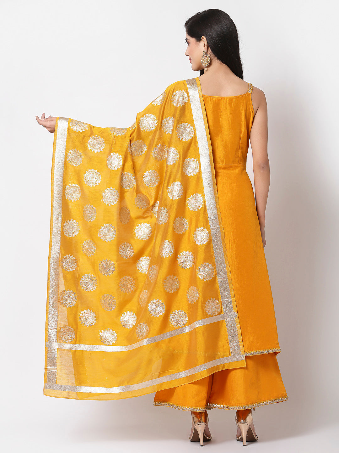 Women's Yellow Silk Kurta with Palazzo and Dupatta set (3 Pc Set) - Myshka USA