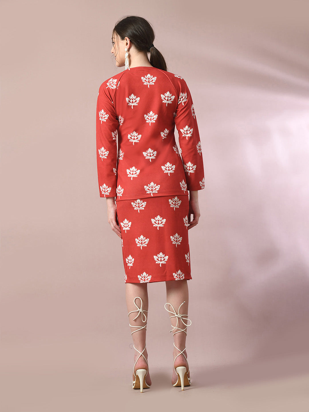 Women's  Rust Printed Knee Length Party Embellished Skirts   - Myshka