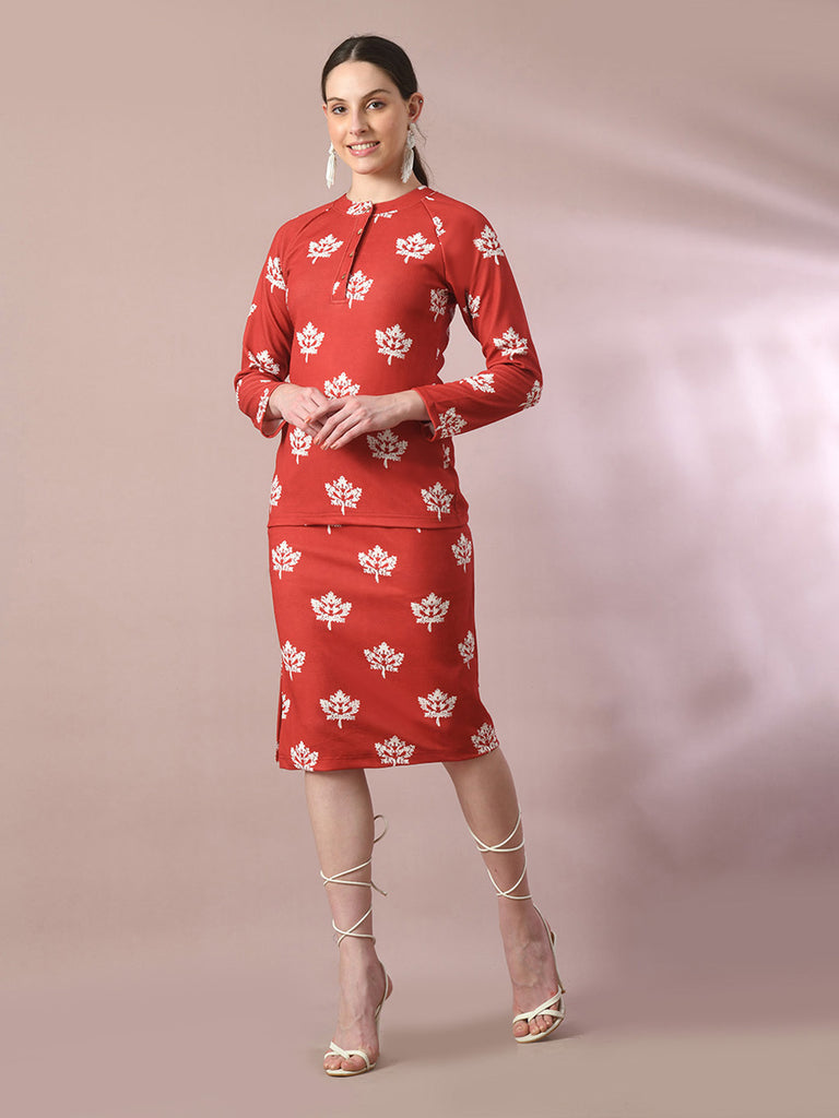 Women's  Rust Printed Knee Length Party Embellished Skirts