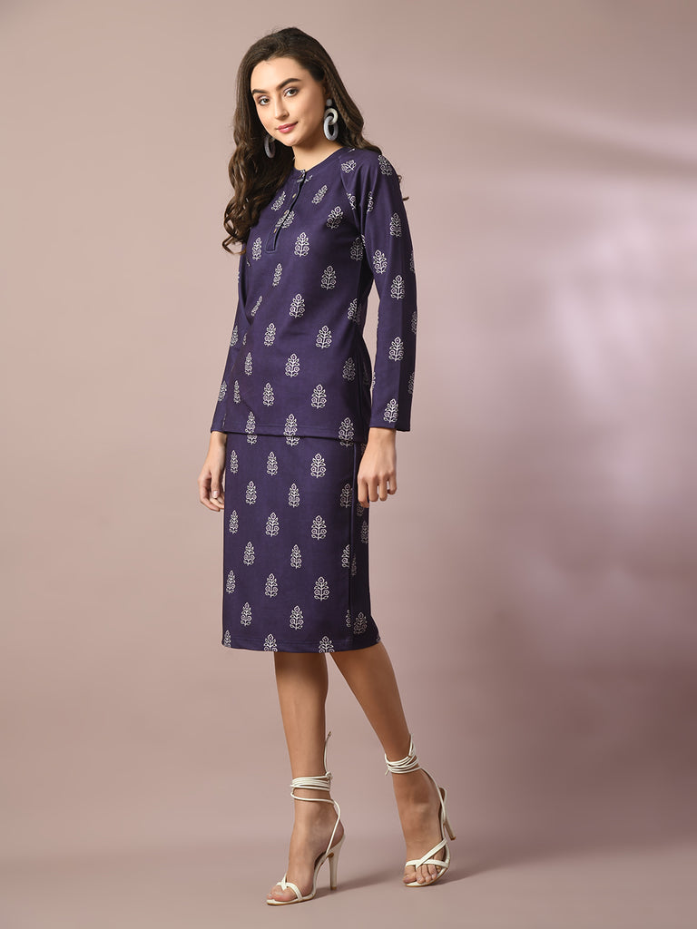 Women's  Navy Blue Printed Knee Length Party Embellished Skirts