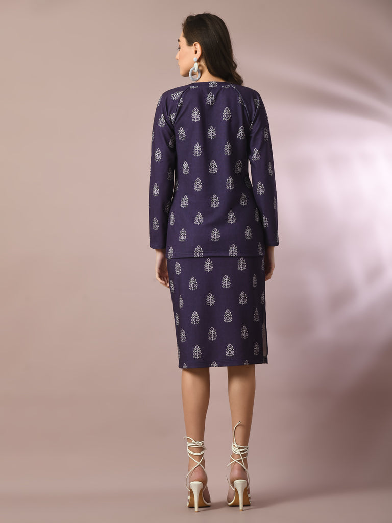 Women's  Navy Blue Printed Knee Length Party Embellished Skirts