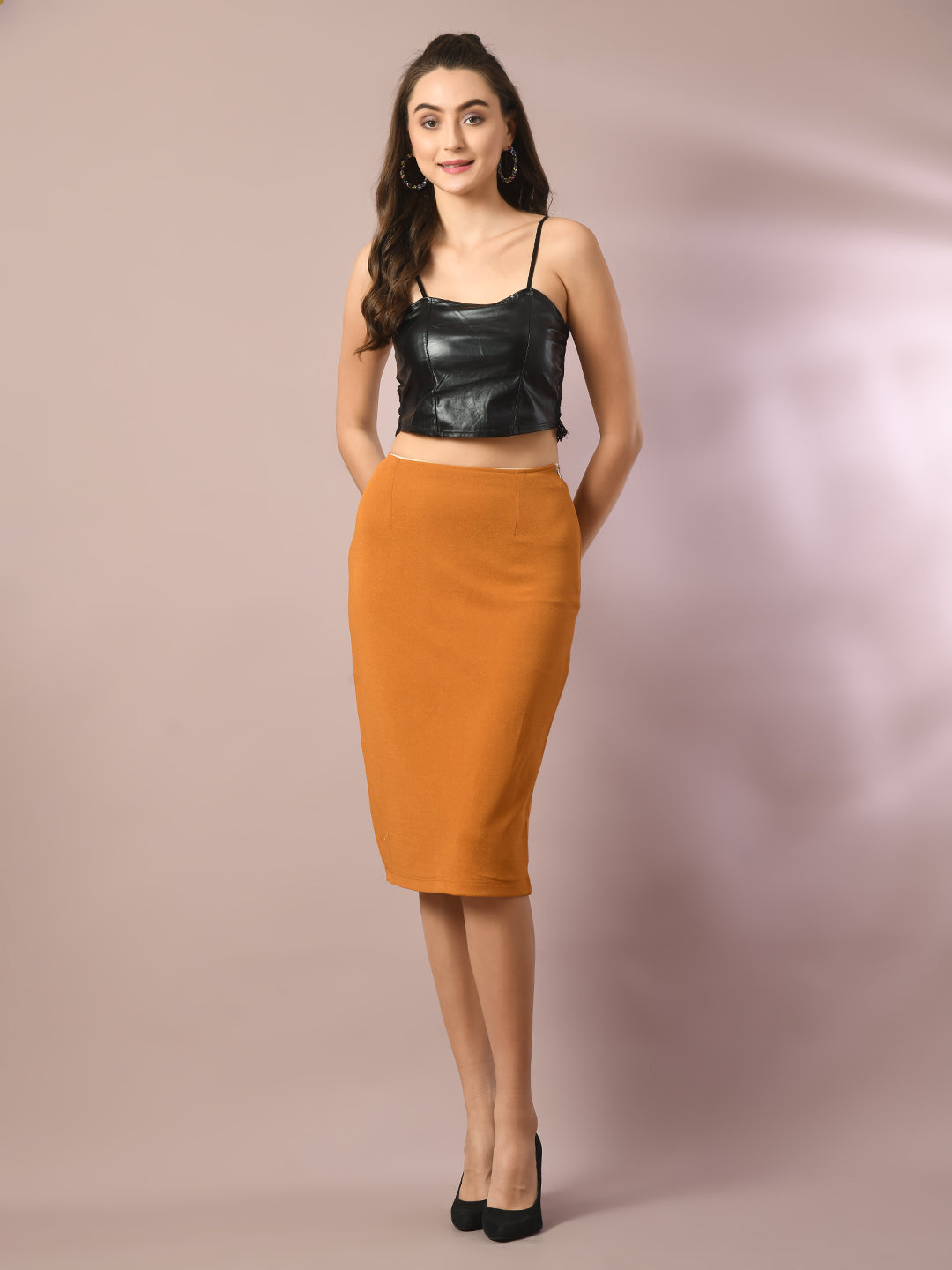 Women's  Mustard Solid Knee Length Party Embellished Skirts   - Myshka