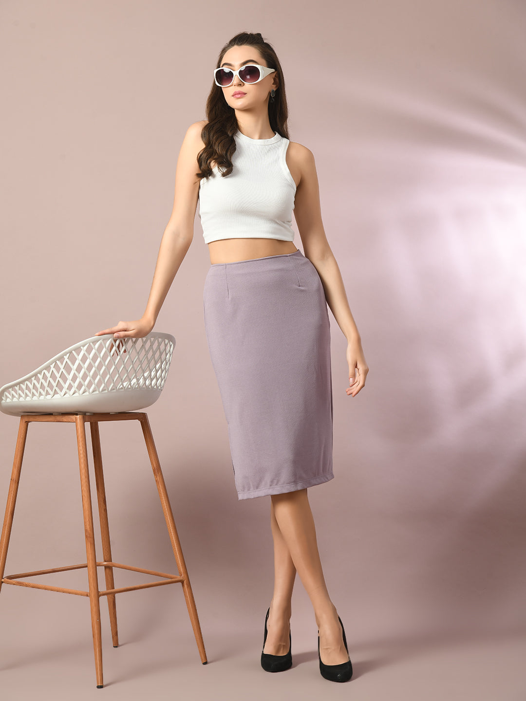 Women's  Lavender Solid Knee Length Party Embellished Skirts   - Myshka
