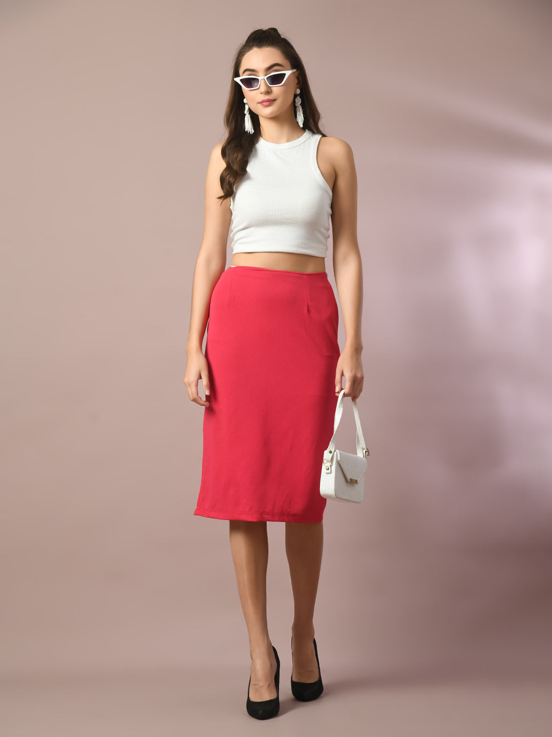 Women's  Pink Solid Knee Length Party Embellished Skirts   - Myshka