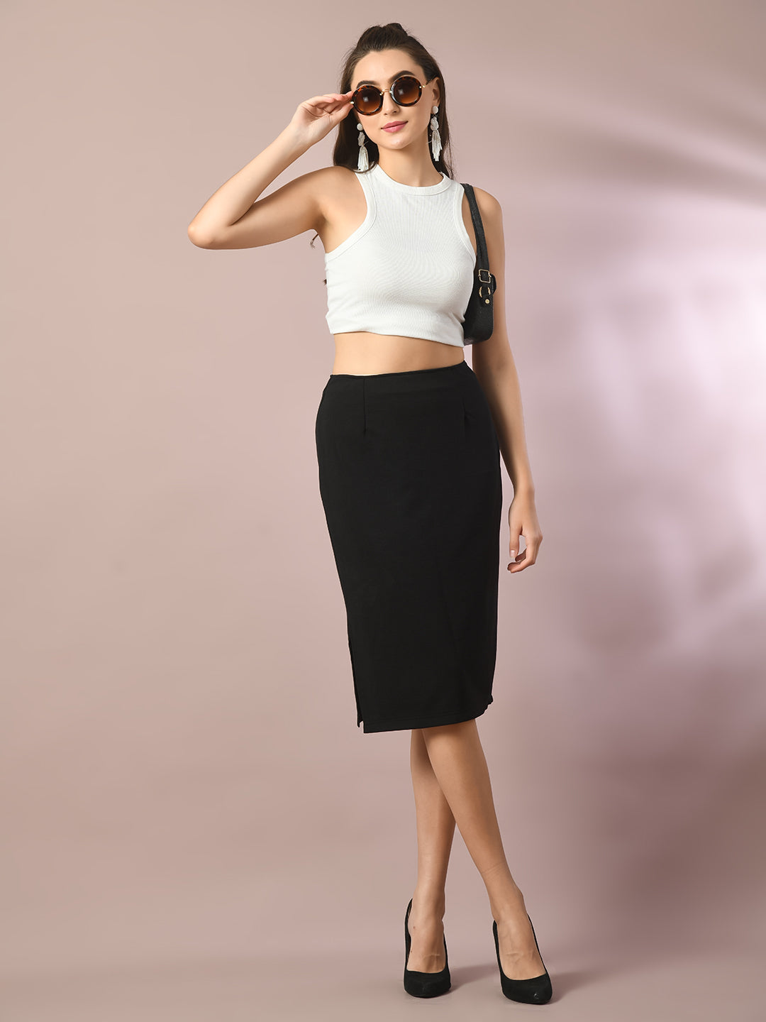 Women's  Black Solid Knee Length Party Embellished Skirts   - Myshka