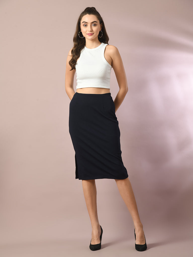 Women's  Blue Solid Knee Length Party Embellished Skirts