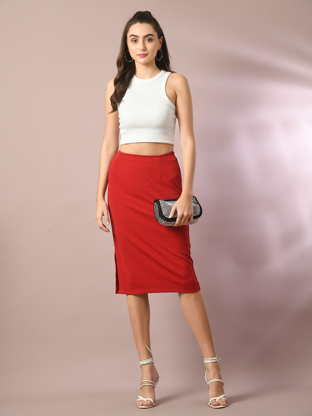 Women's Red Solid Knee Length Party Embellished Skirts – Trendia