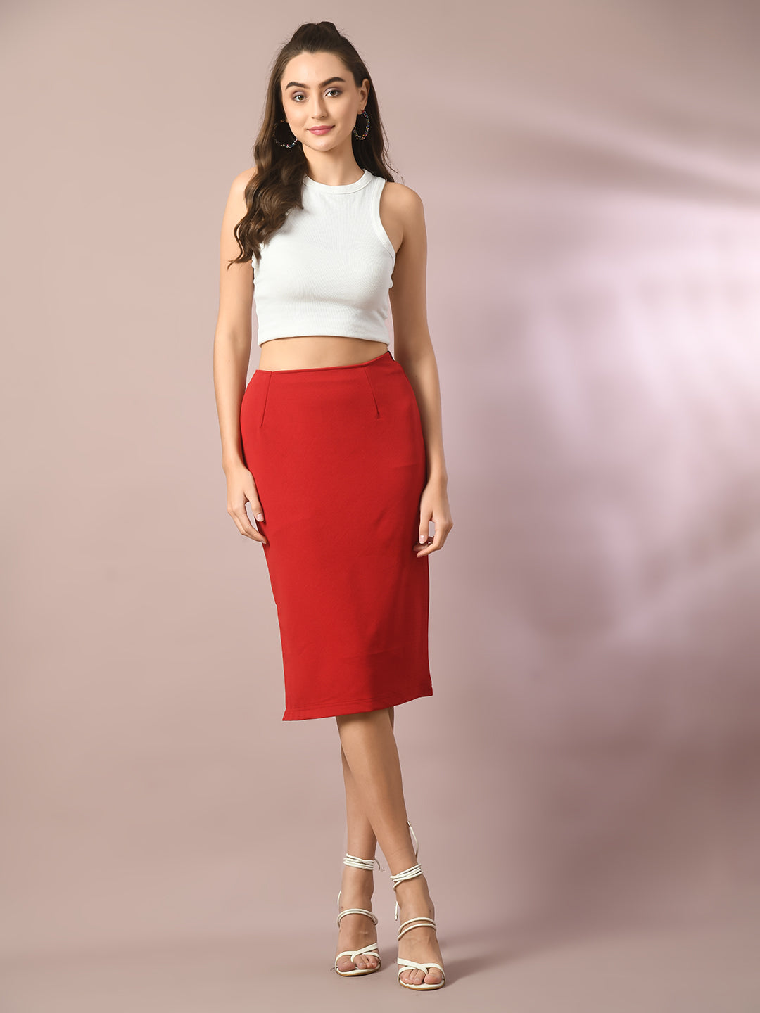 Women's  Red Solid Knee Length Party Embellished Skirts   - Myshka