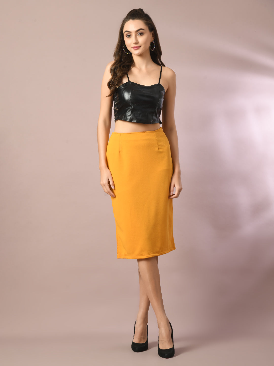Women's  Yellow Solid Knee Length Party Embellished Skirts   - Myshka