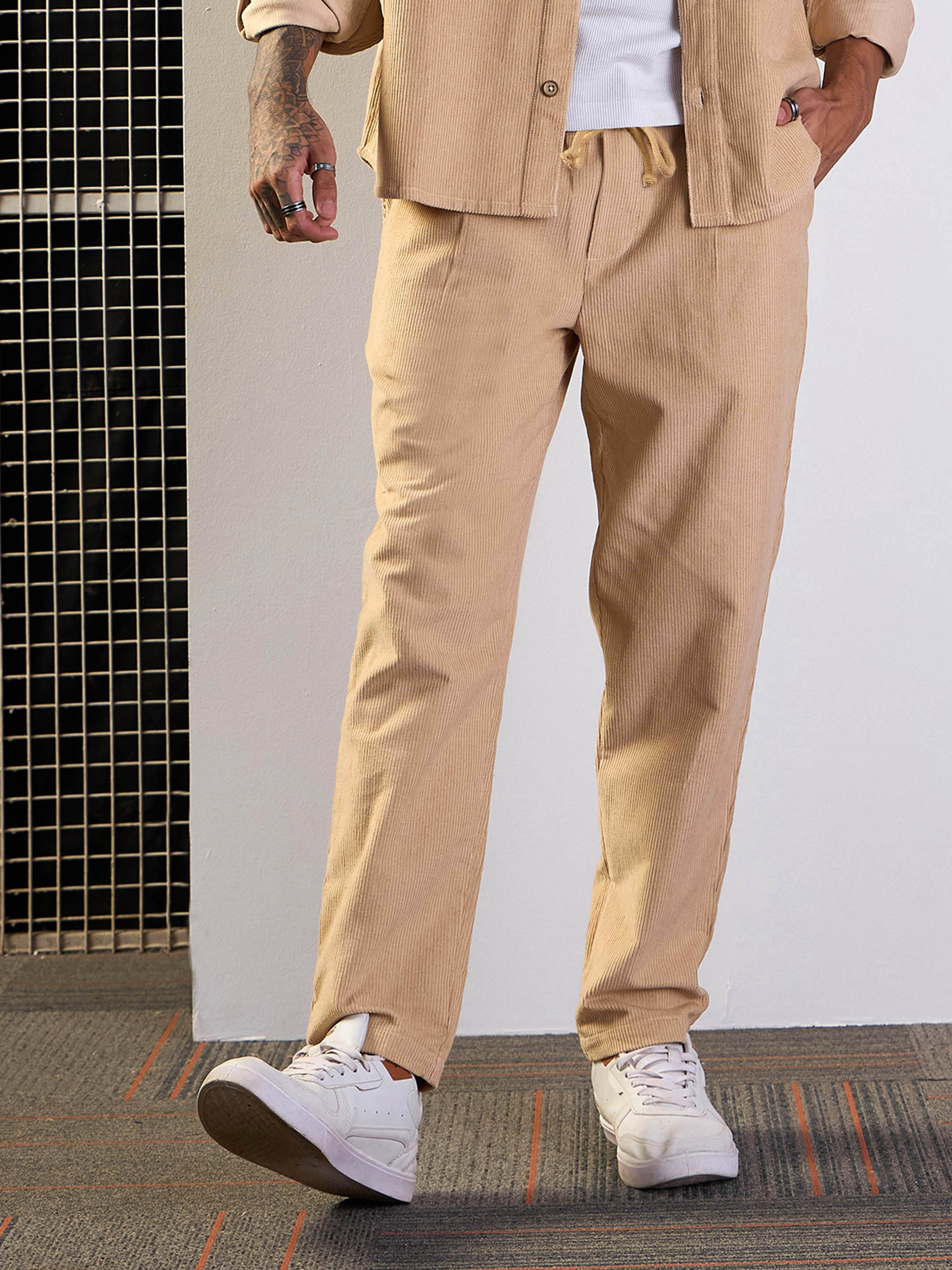 Men's Beige Solid Pant - Mascln Sassafras