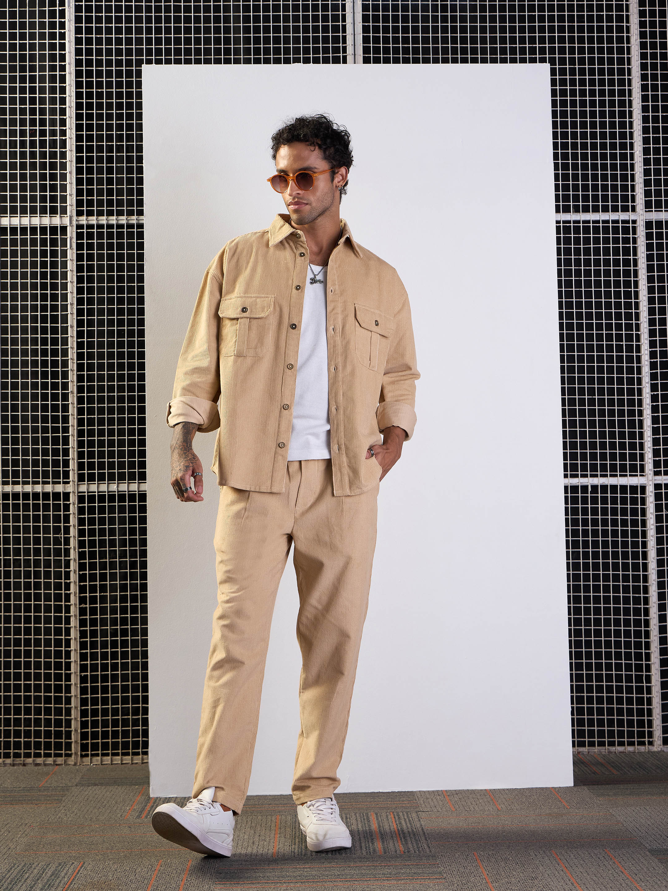 Men's Beige Solid Pant - Mascln Sassafras