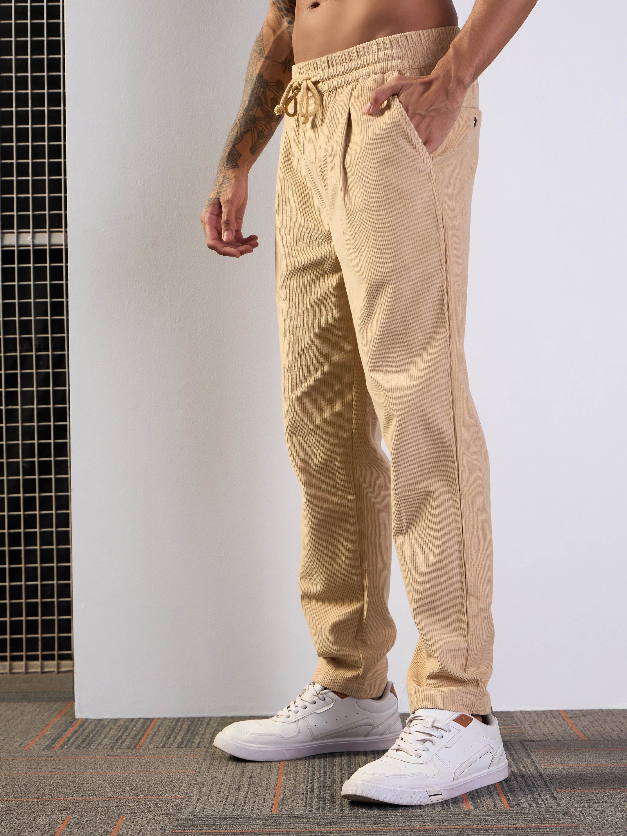 Men's Beige Solid Pant - Mascln Sassafras