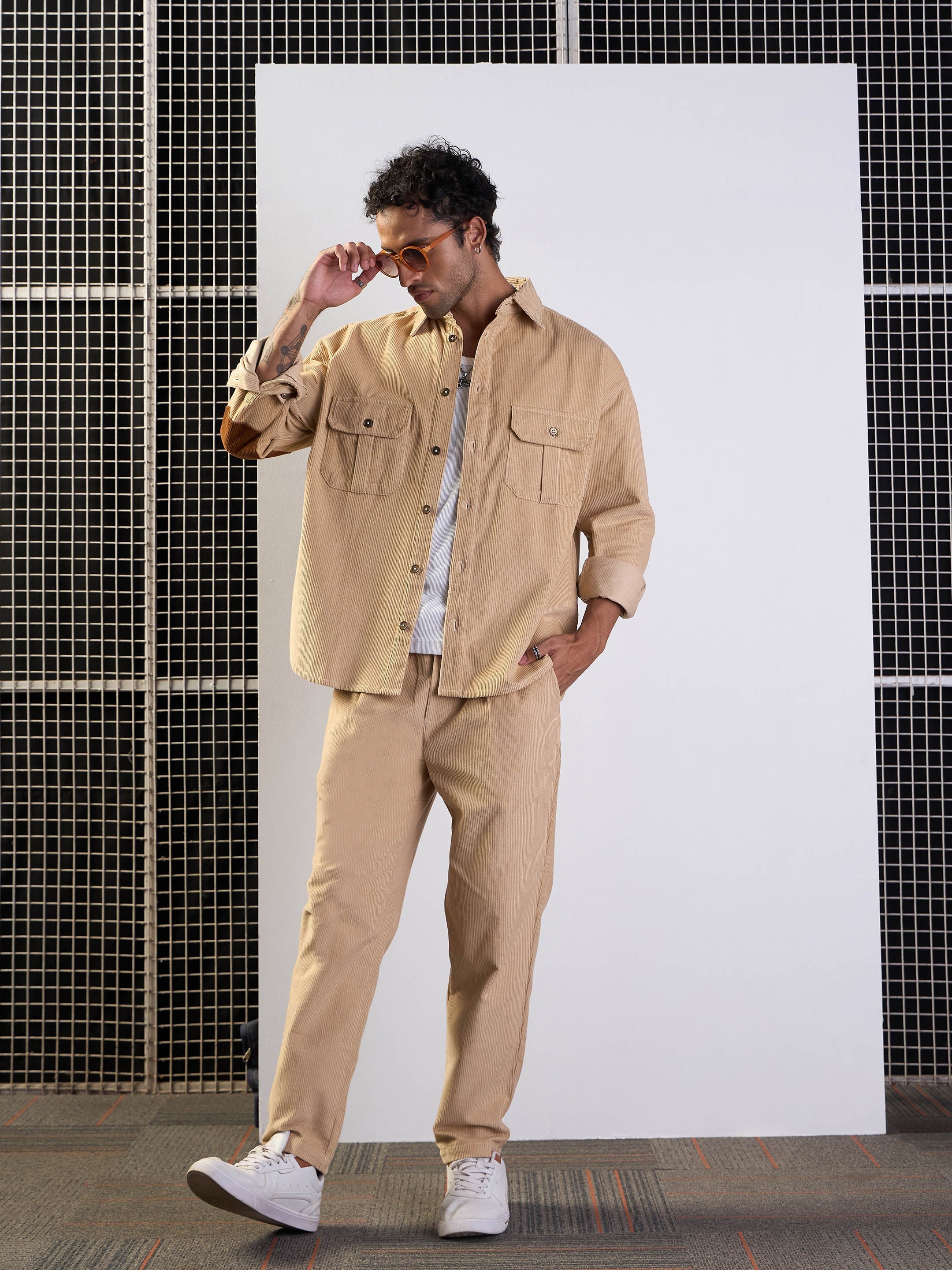 Men's Beige Solid Pant - Mascln Sassafras