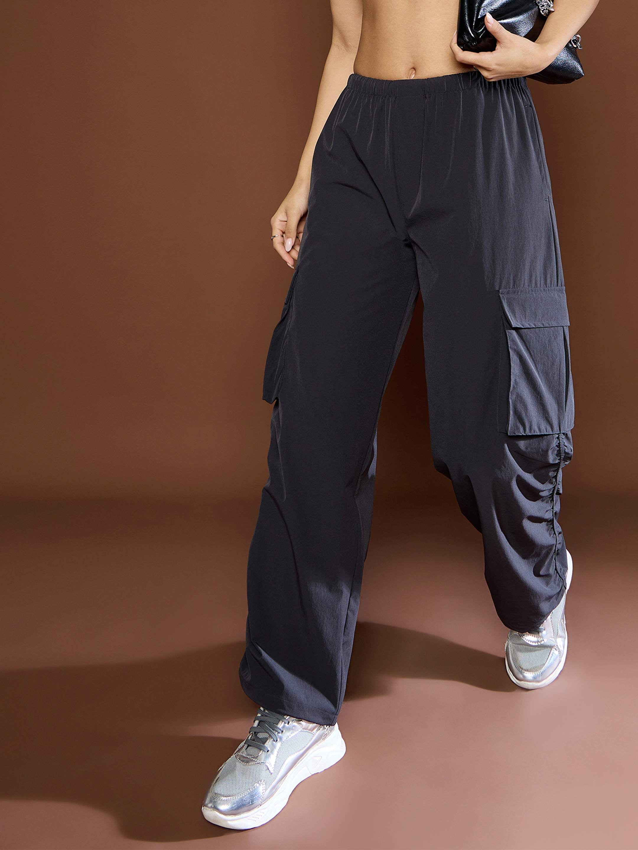 Women's Unisex Dark Grey Side Ruched Baggy Parachute Pants-SASSAFRAS