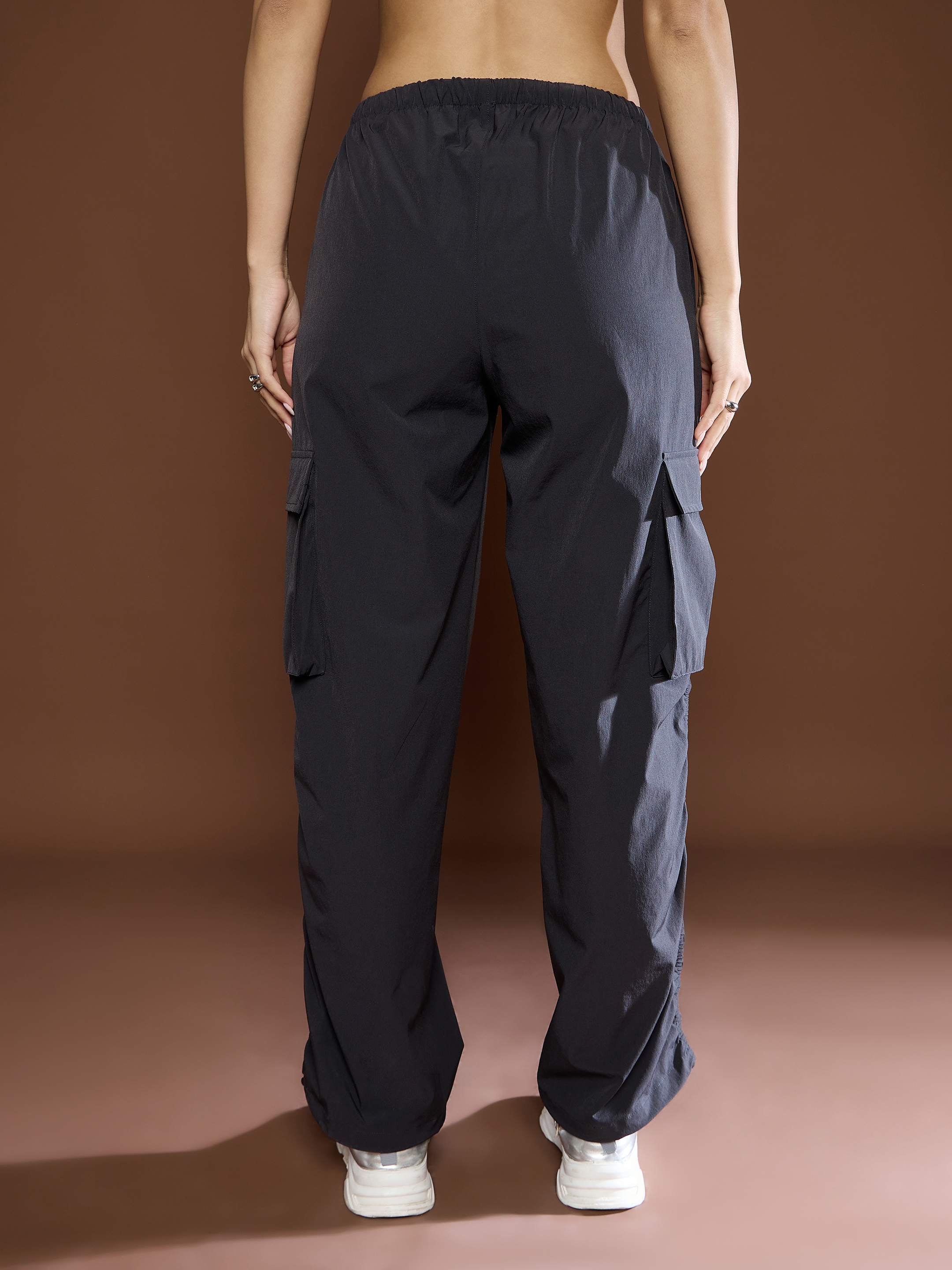 Women's Unisex Dark Grey Side Ruched Baggy Parachute Pants-SASSAFRAS