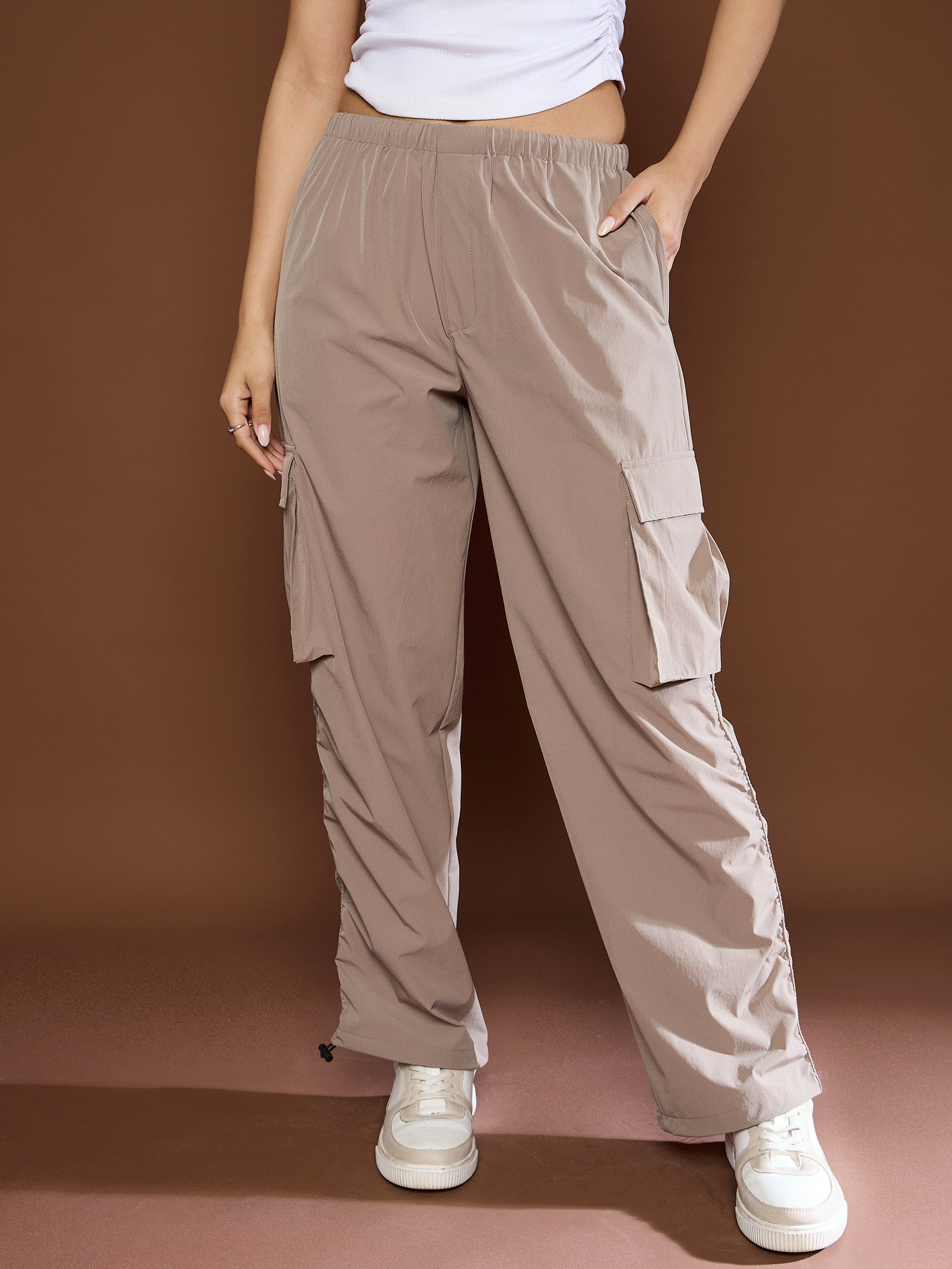 Women's Unisex Taupe Side Ruched Baggy Parachute Pants-SASSAFRAS