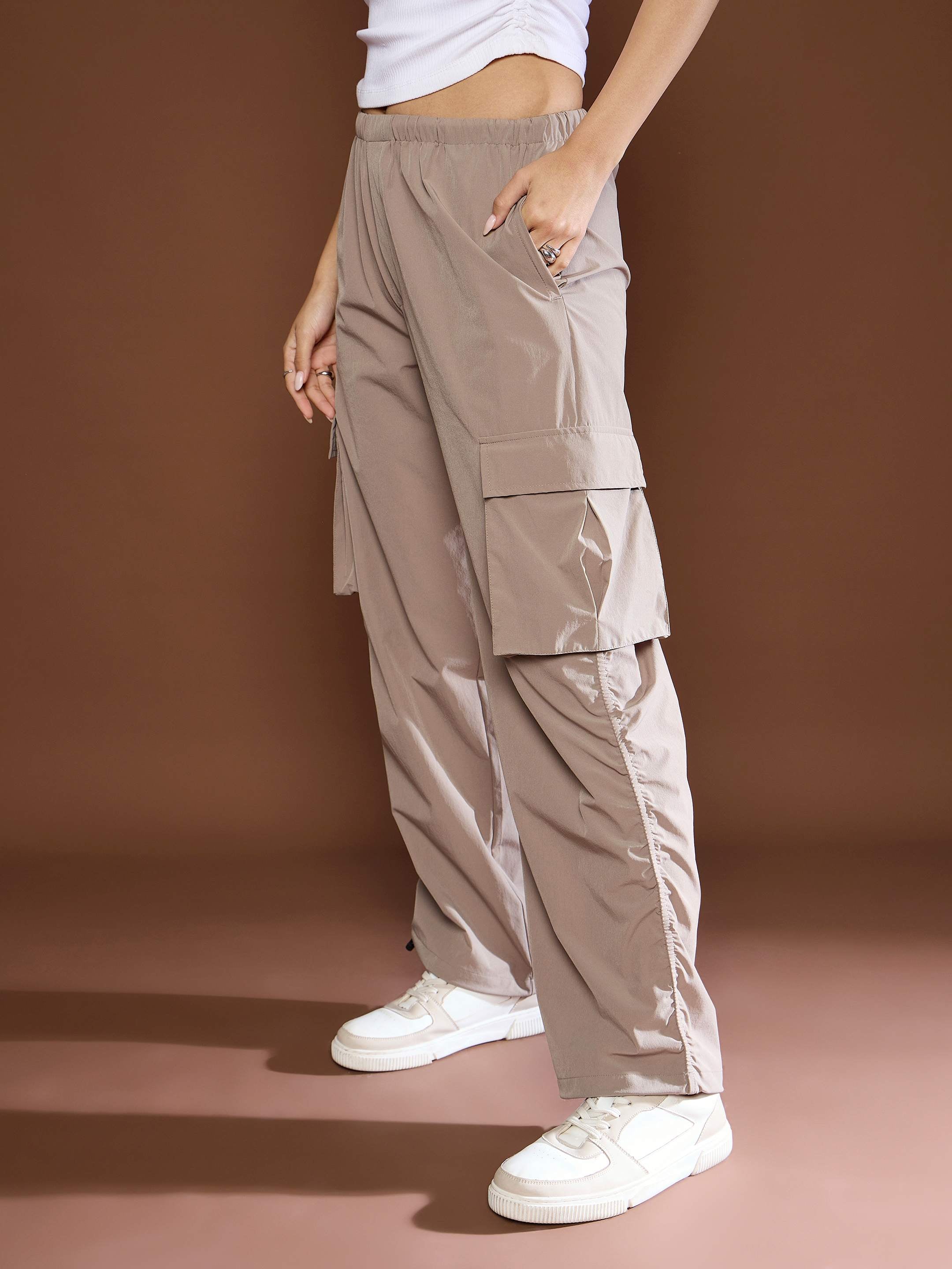 Women's Unisex Taupe Side Ruched Baggy Parachute Pants-SASSAFRAS