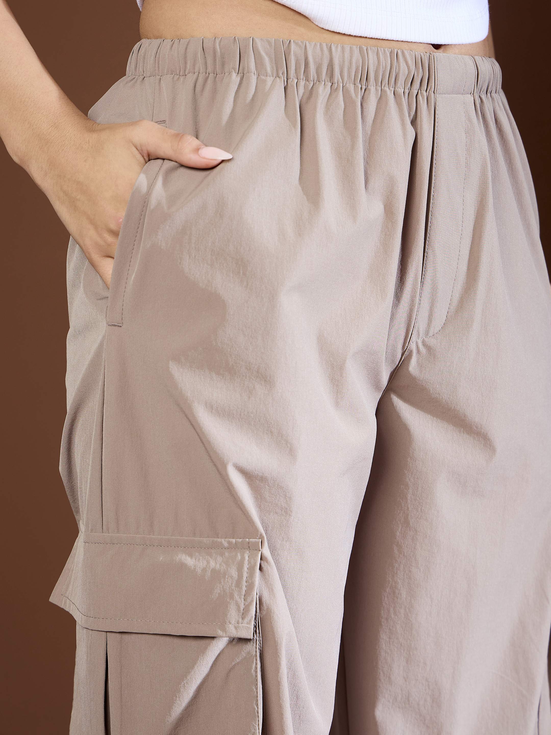 Women's Unisex Taupe Side Ruched Baggy Parachute Pants-SASSAFRAS