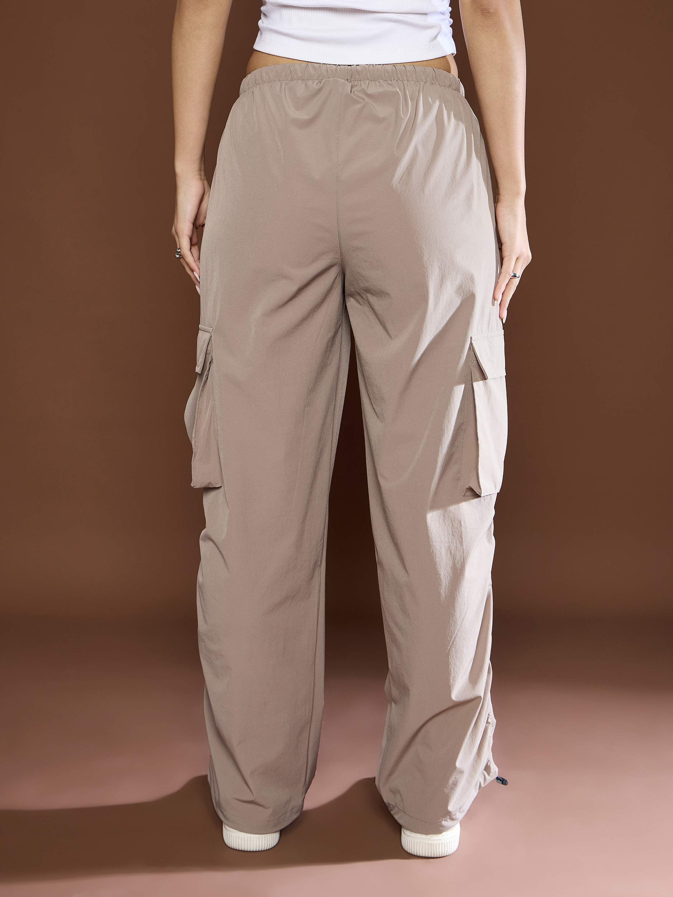 Women's Unisex Taupe Side Ruched Baggy Parachute Pants-SASSAFRAS