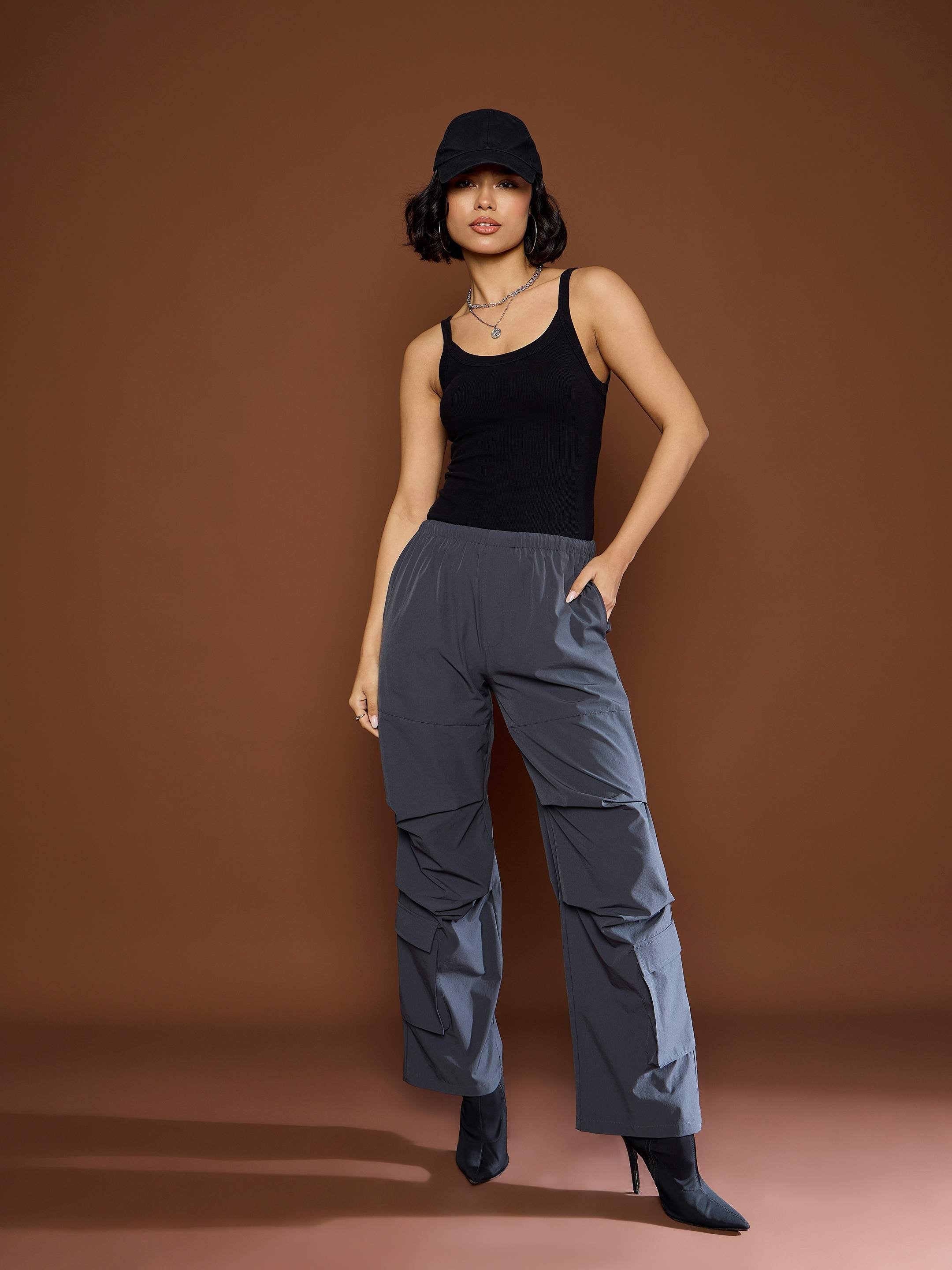 Women's Unisex Dark Grey Pleated Knee Baggy Parachute Pants-SASSAFRAS