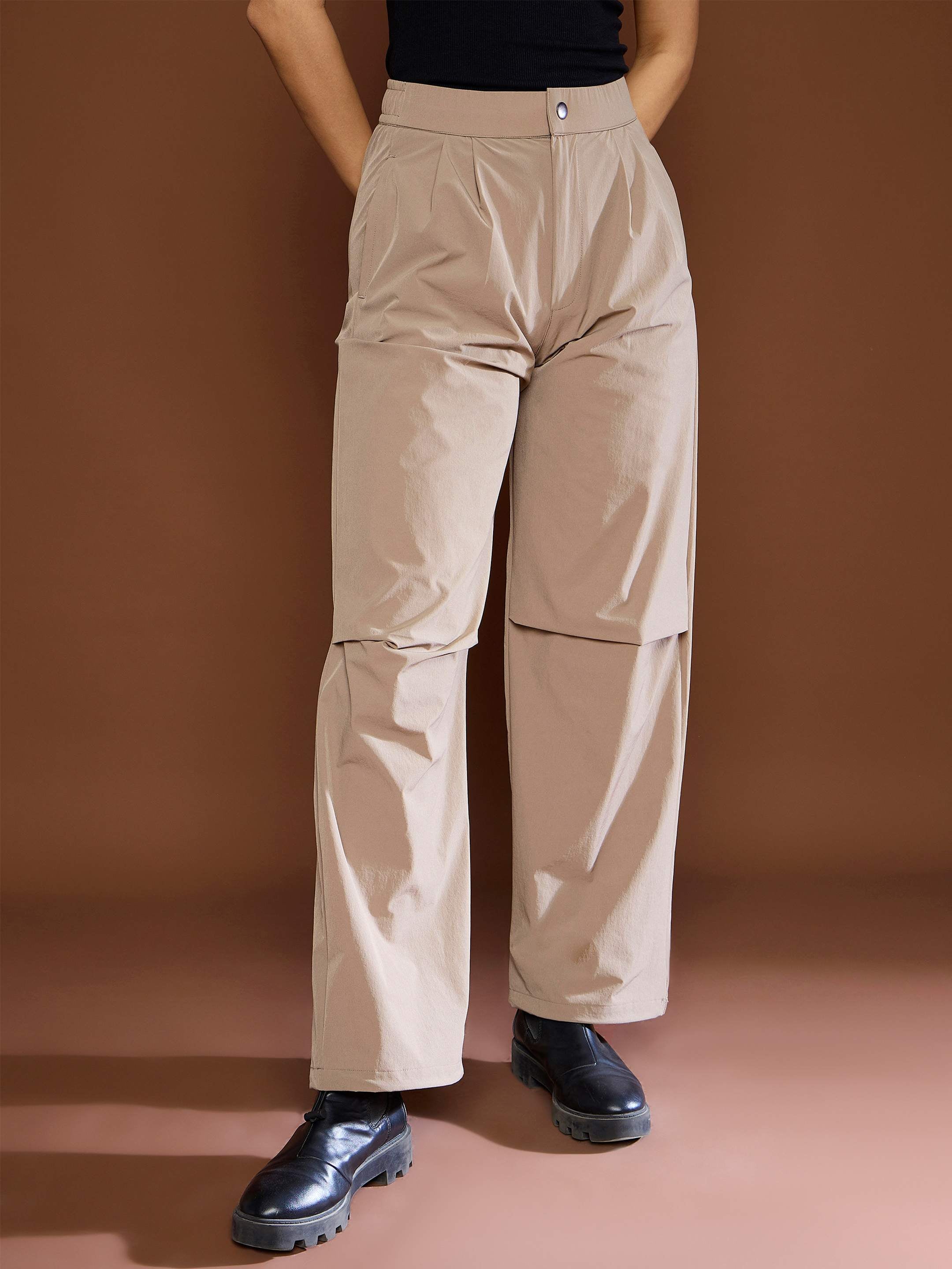 Women's Unisex Taupe Front Dart Baggy Parachute Pants-SASSAFRAS