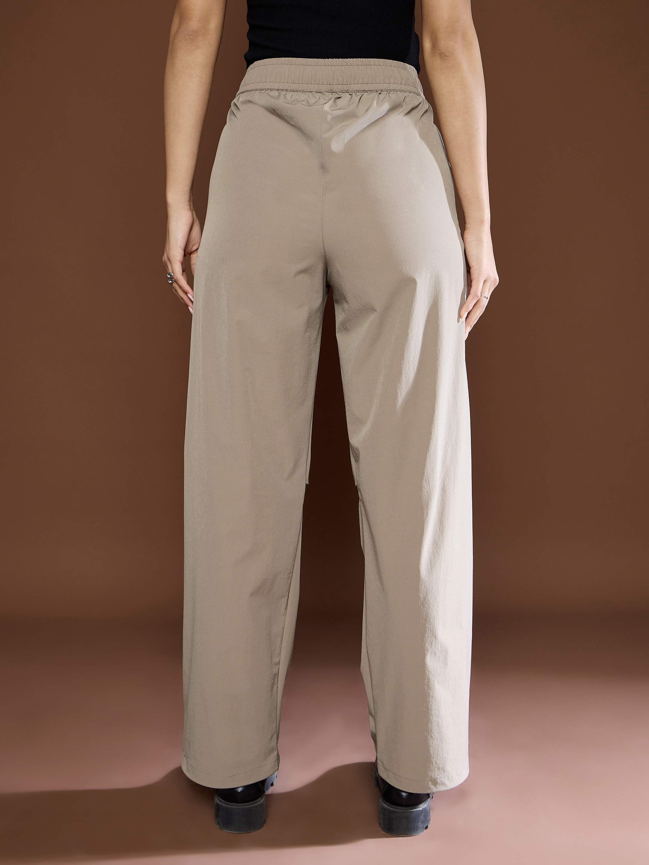 Women's Unisex Taupe Front Dart Baggy Parachute Pants-SASSAFRAS