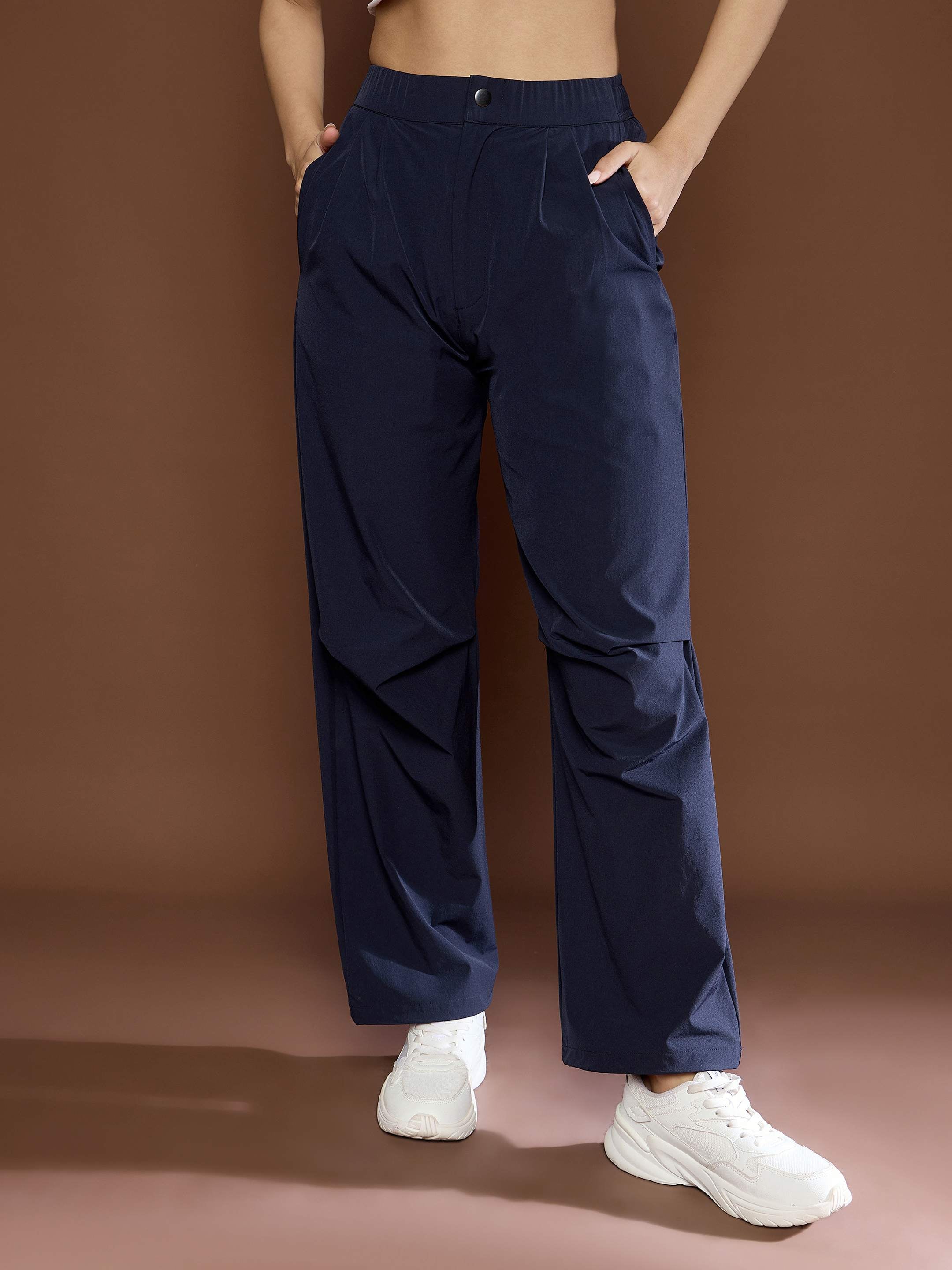 Women's Unisex Navy Front Dart Baggy Parachute Pants-SASSAFRAS