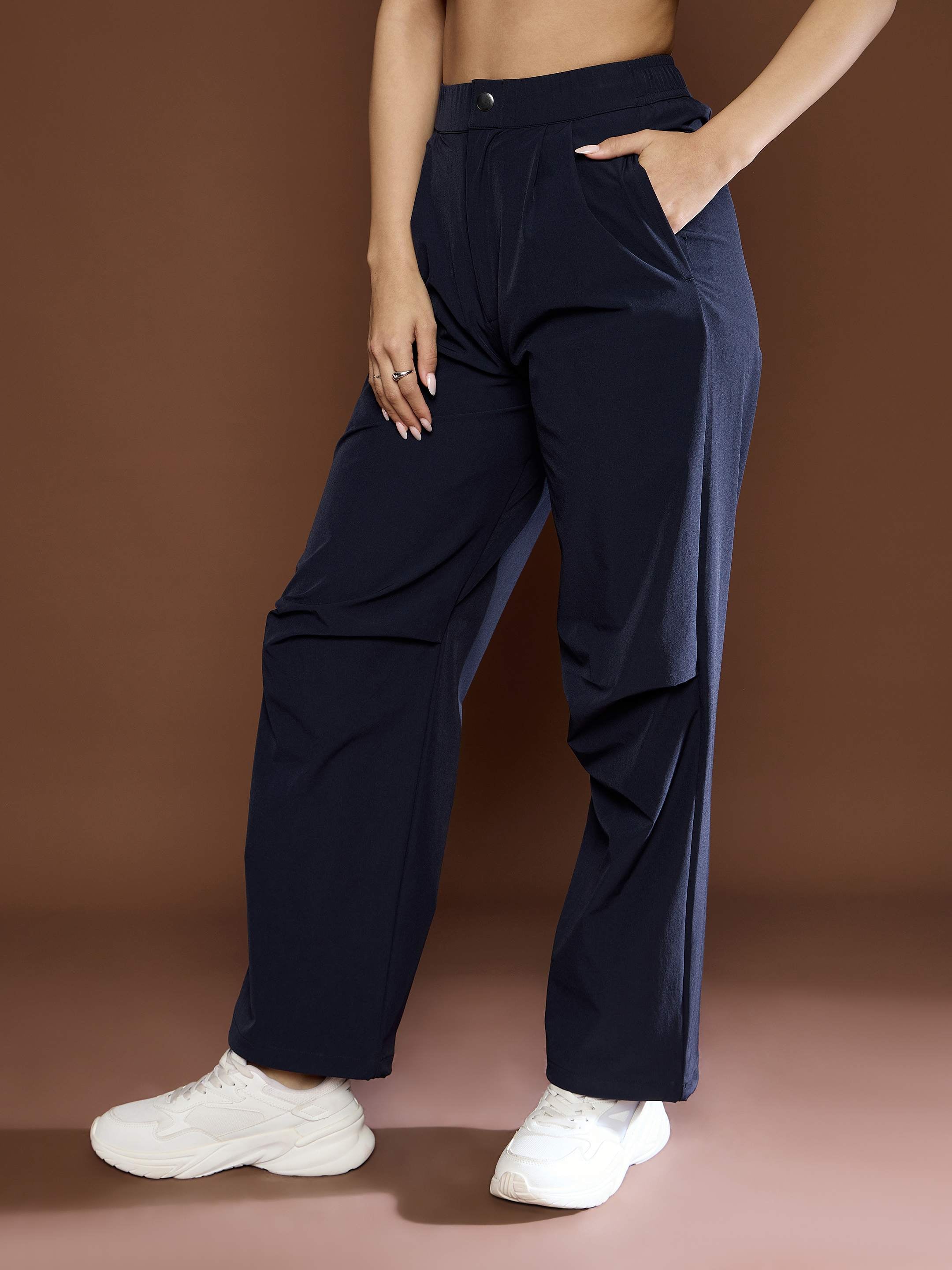 Women's Unisex Navy Front Dart Baggy Parachute Pants-SASSAFRAS