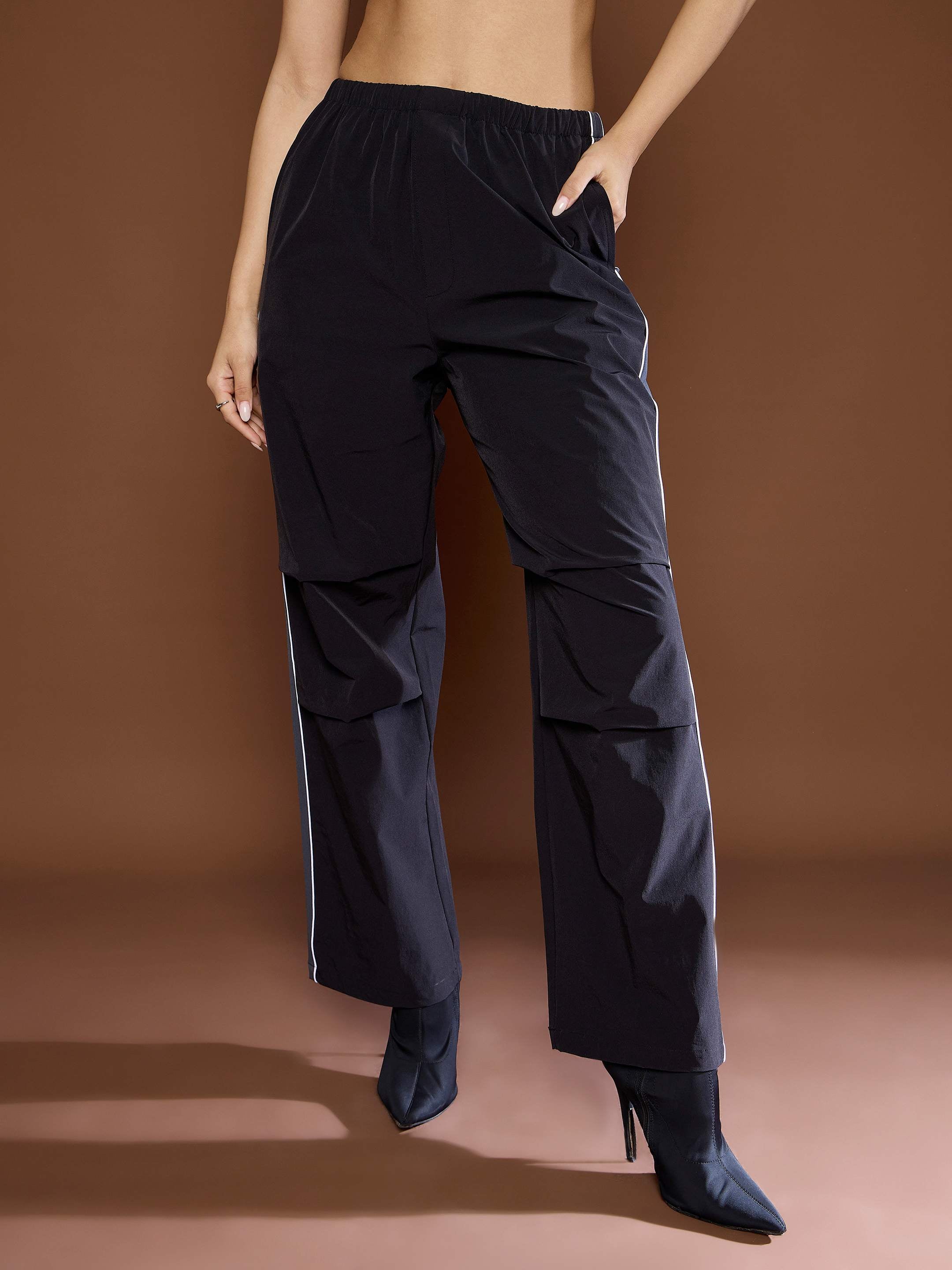 Women's Unisex Black Side Panel Baggy Parachute Pants-SASSAFRAS