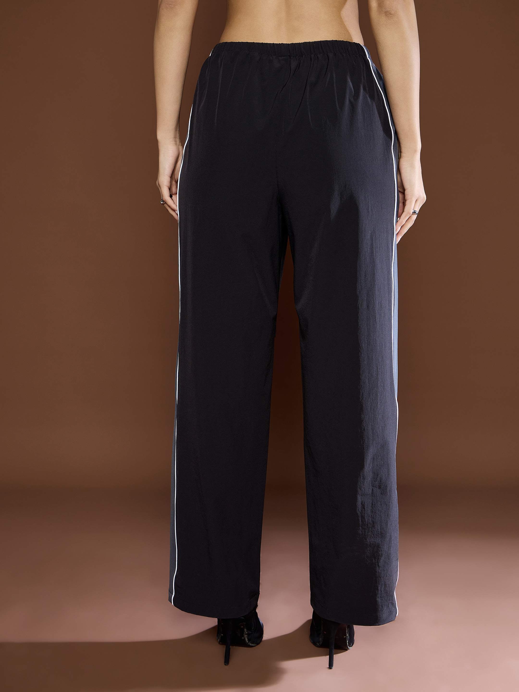 Women's Unisex Black Side Panel Baggy Parachute Pants-SASSAFRAS