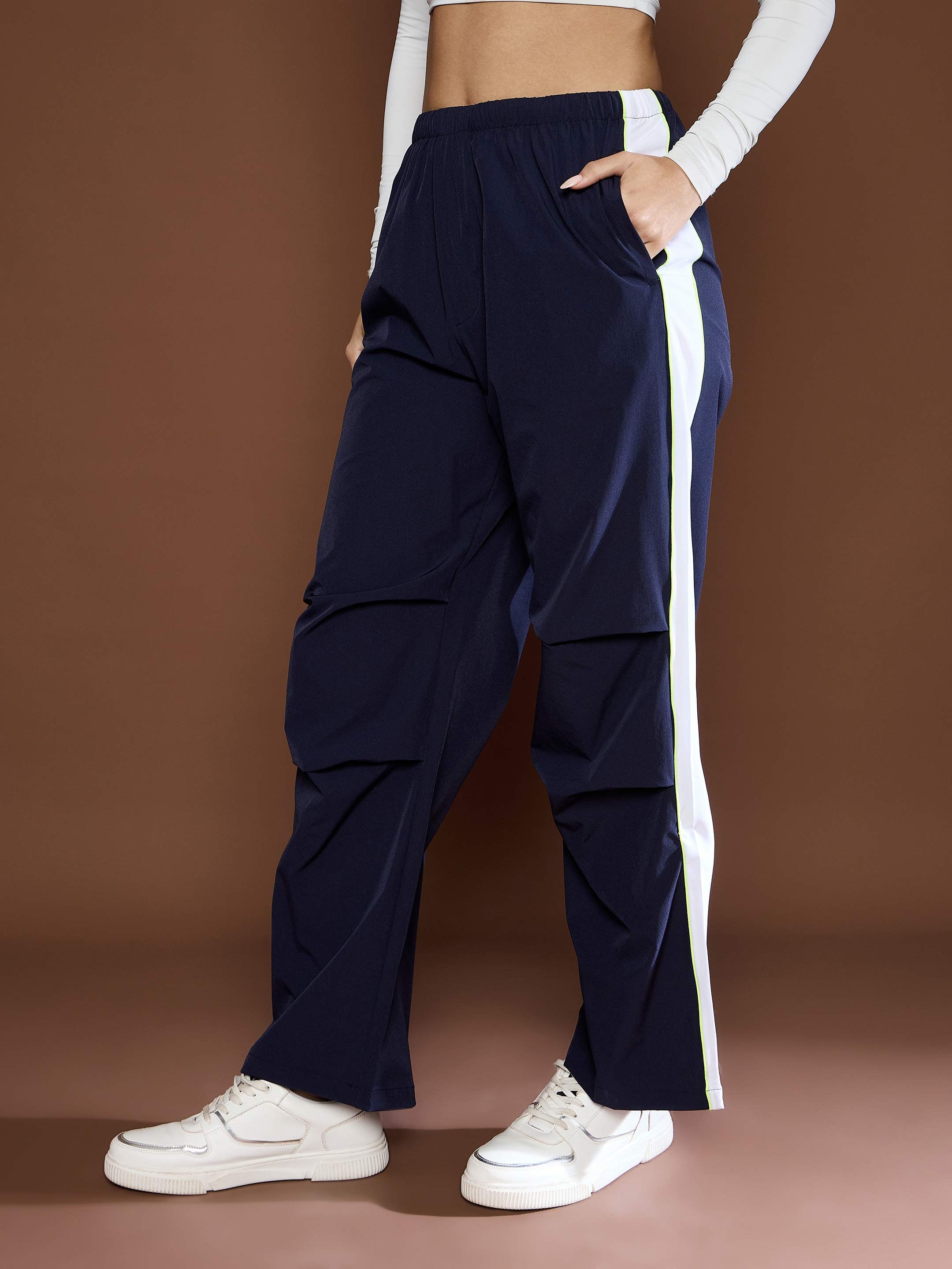 Women's Unisex Navy Side Panel Baggy Parachute Pants-SASSAFRAS