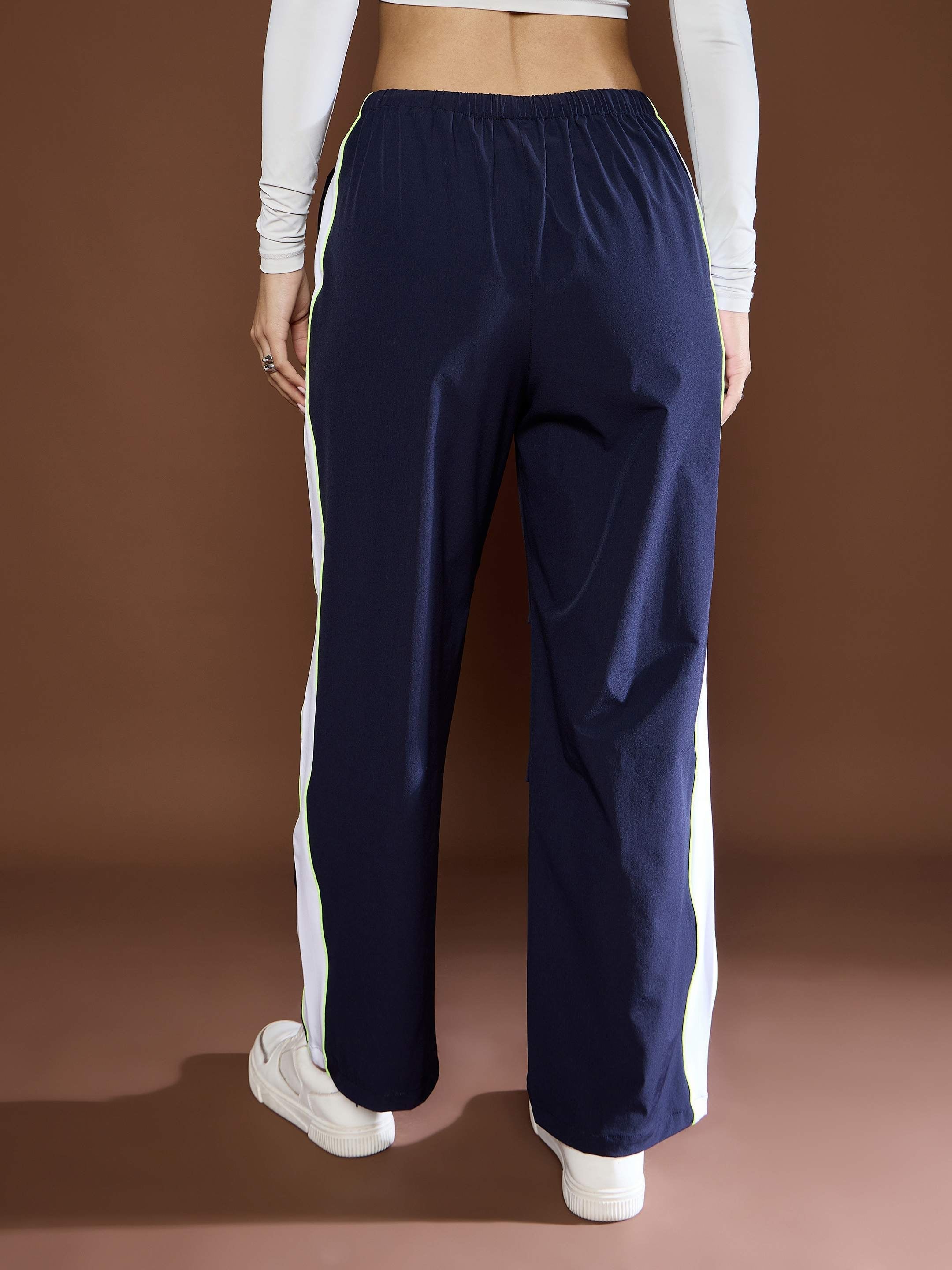 Women's Unisex Navy Side Panel Baggy Parachute Pants-SASSAFRAS