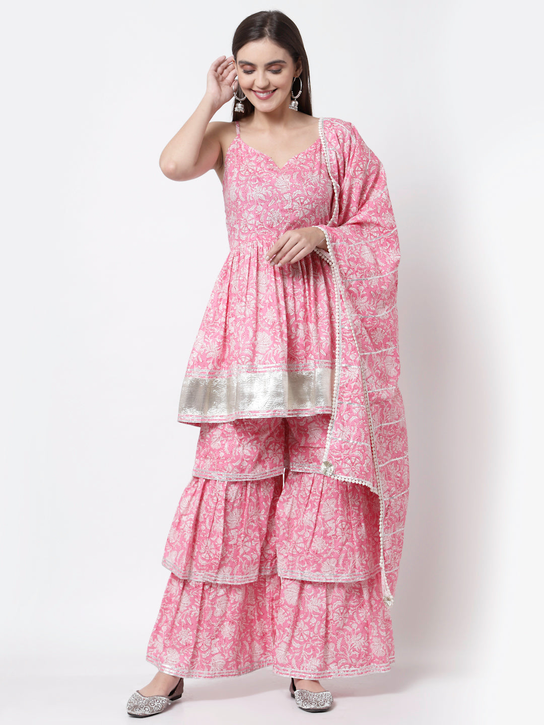 Women's Pink pure cotton Round Neck Kurta with Sharara & Dupatta 3Pc set -  Trends Matters