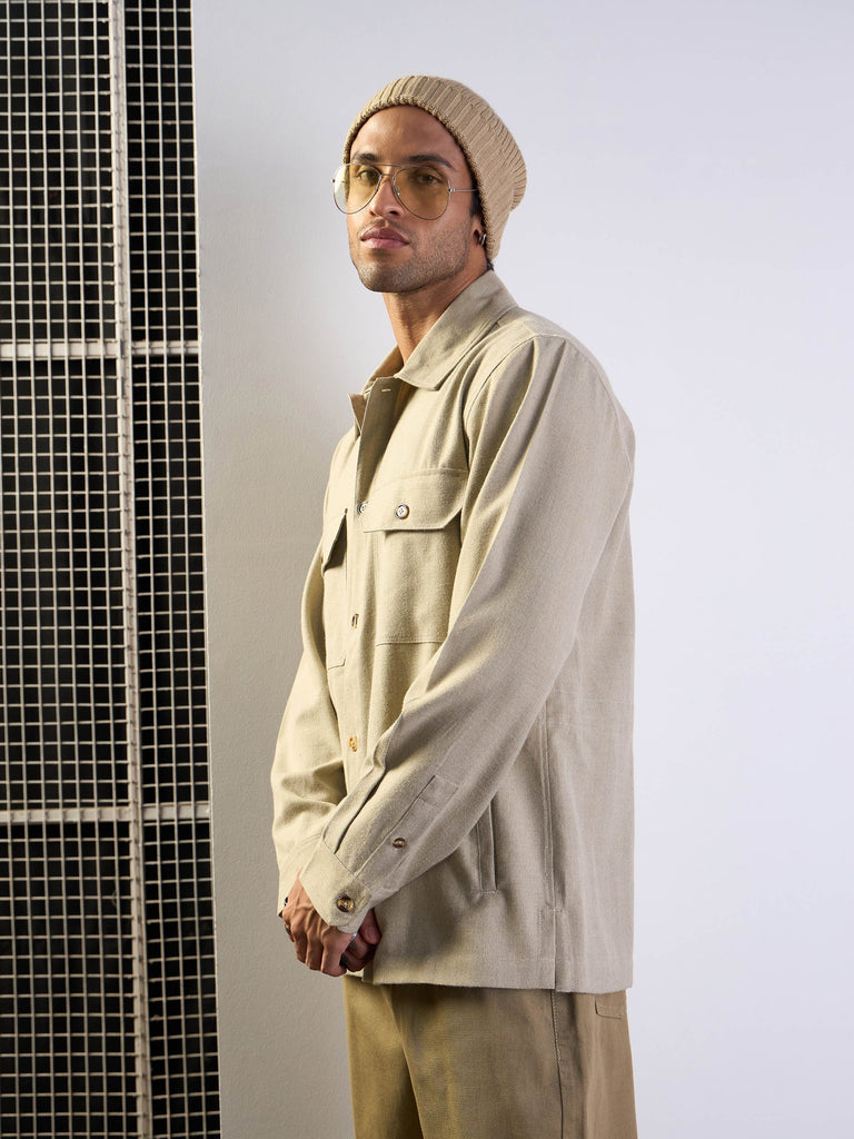 Men's Beige Side Pocket Shacket