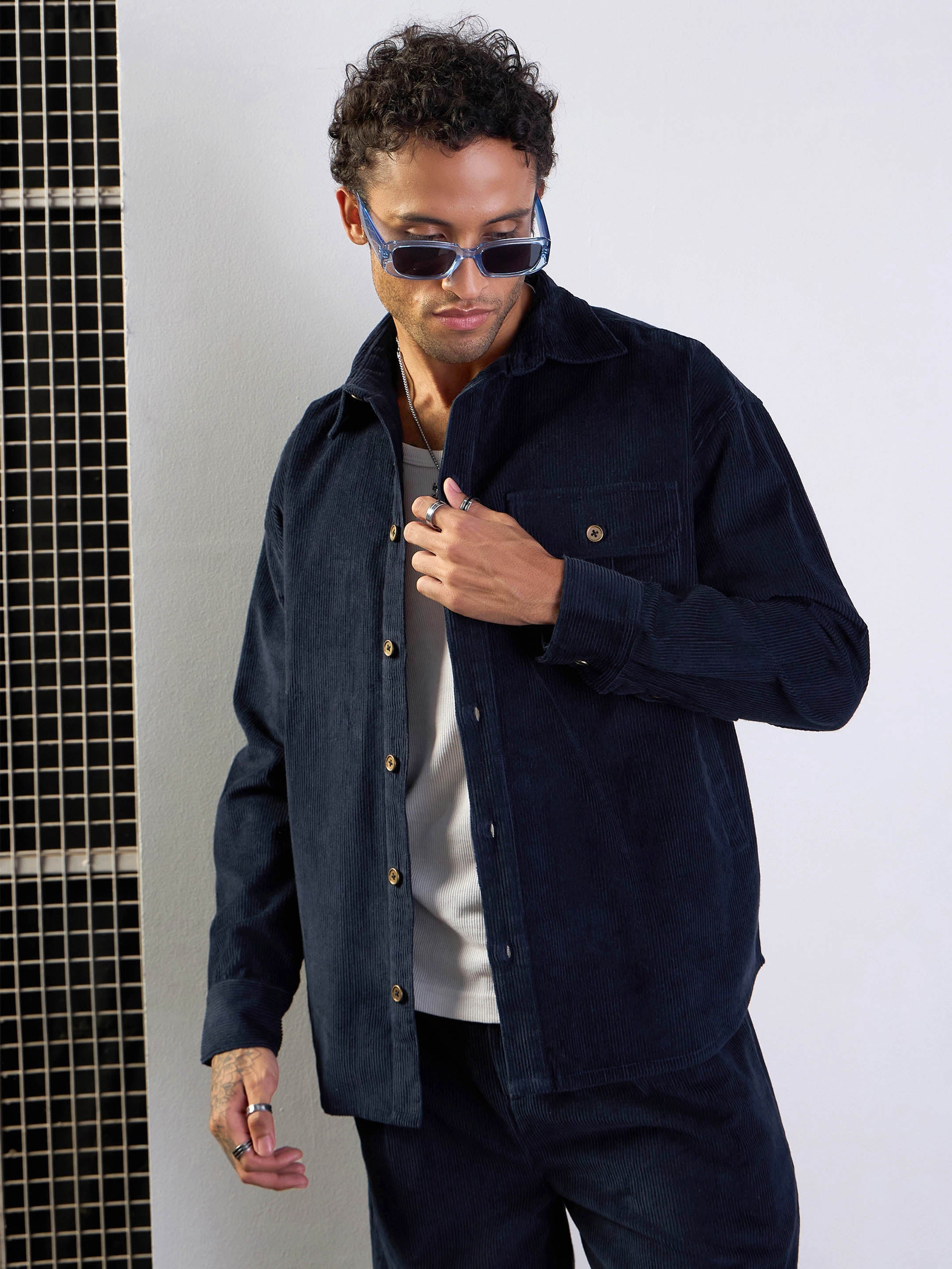 Men's Navy Blue Side Pocket Shacket - Mascln Sassafras