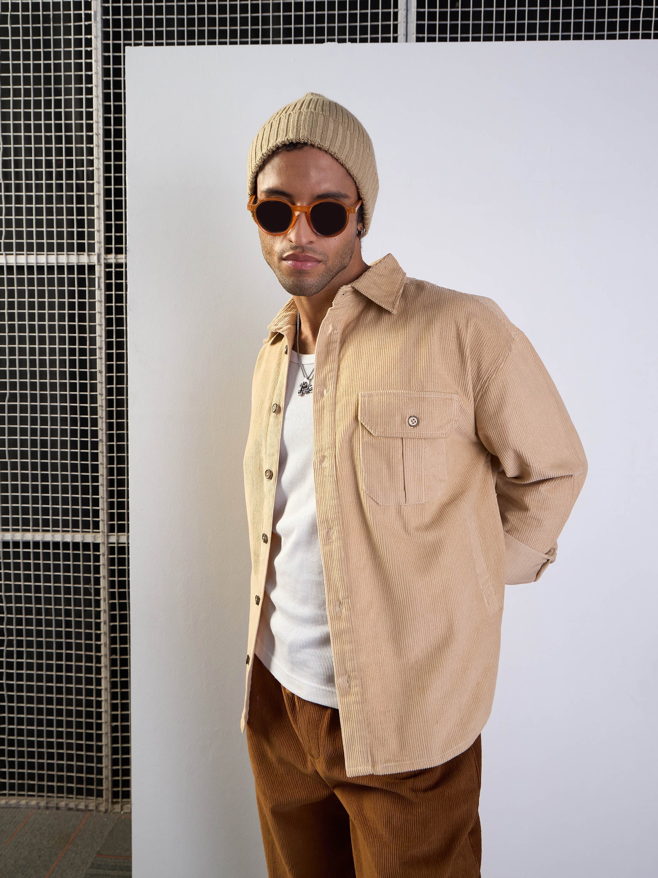 Men's Beige Side Pocket Shacket - Mascln Sassafras