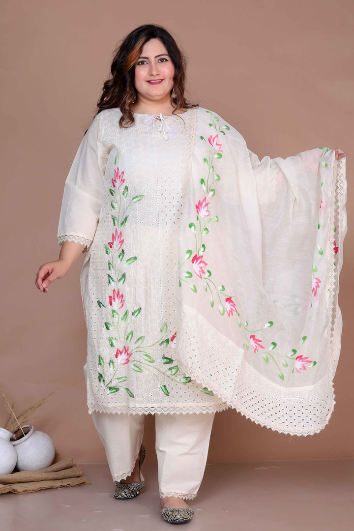 Women's Plus Size Cream Ethnic Motifs Hand Block Cotton Kurta Palazzo With Dupatta