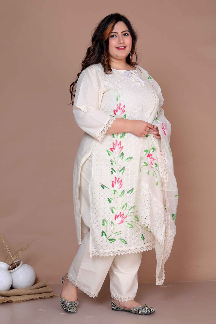 Women's Plus Size Cream Ethnic Motifs Hand Block Cotton Kurta Palazzo With Dupatta