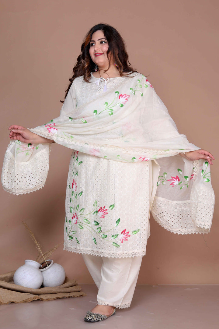 Women's Plus Size Cream Ethnic Motifs Hand Block Cotton Kurta Palazzo With Dupatta