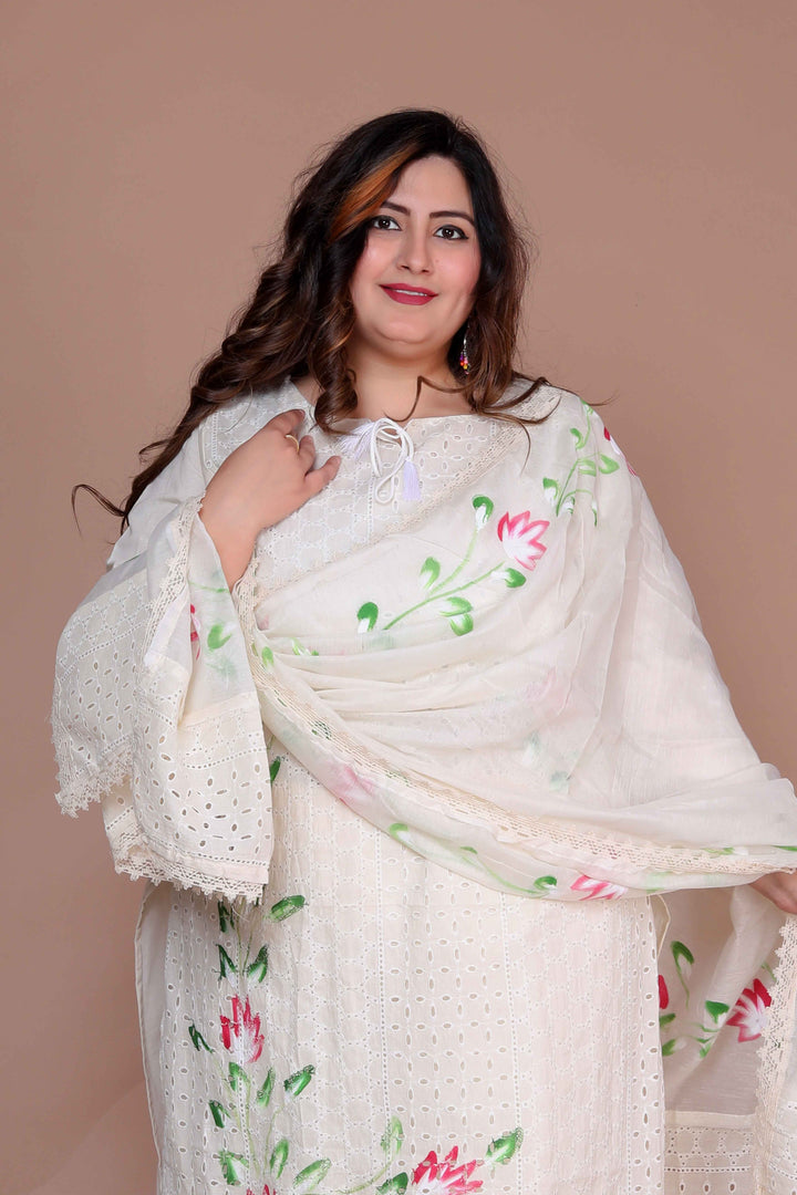 Women's Plus Size Cream Ethnic Motifs Hand Block Cotton Kurta Palazzo With Dupatta