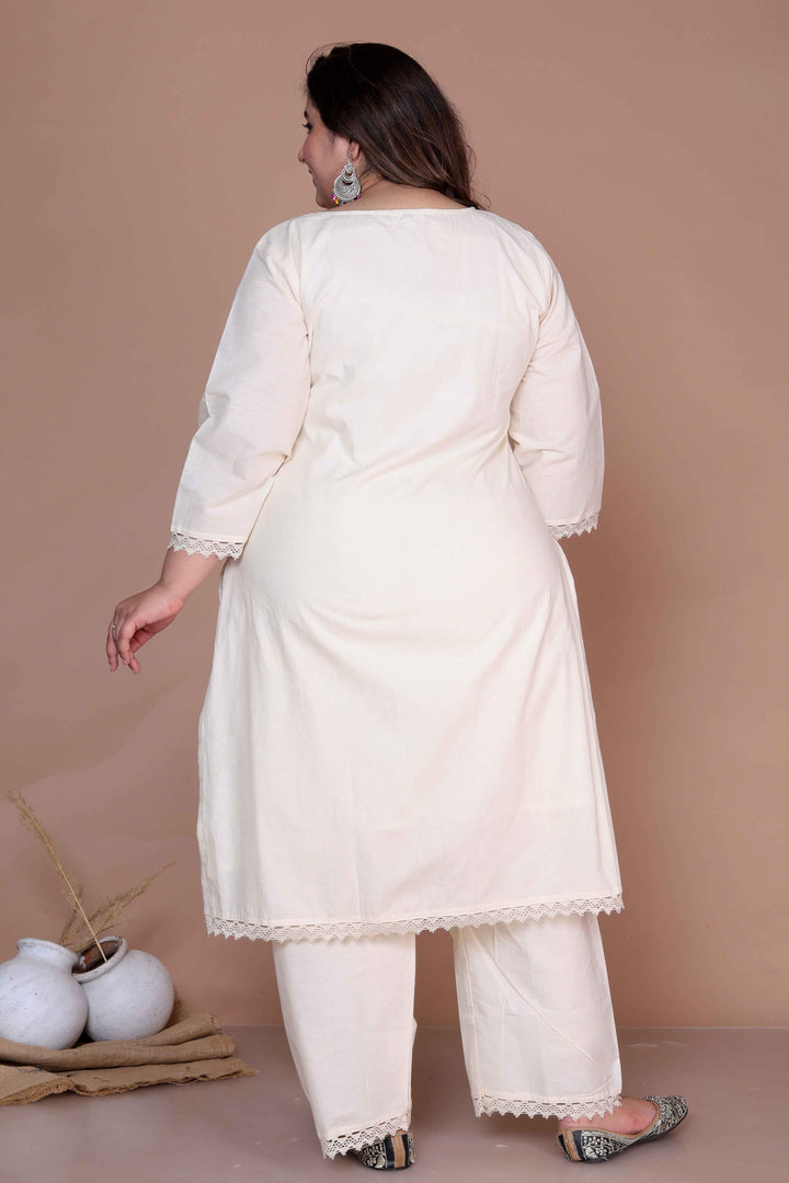 Women's Plus Size Cream Ethnic Motifs Hand Block Cotton Kurta Palazzo With Dupatta