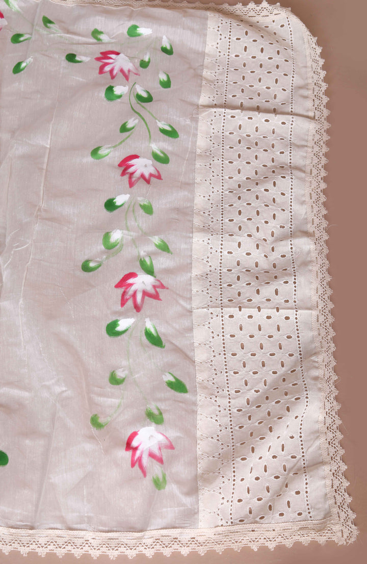 Women's Plus Size Cream Ethnic Motifs Hand Block Cotton Kurta Palazzo With Dupatta