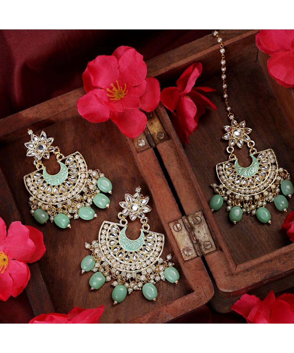 Women's Gold Plated Kundan and Pearl Studded Chandbali Maang-tikka and Earring Set