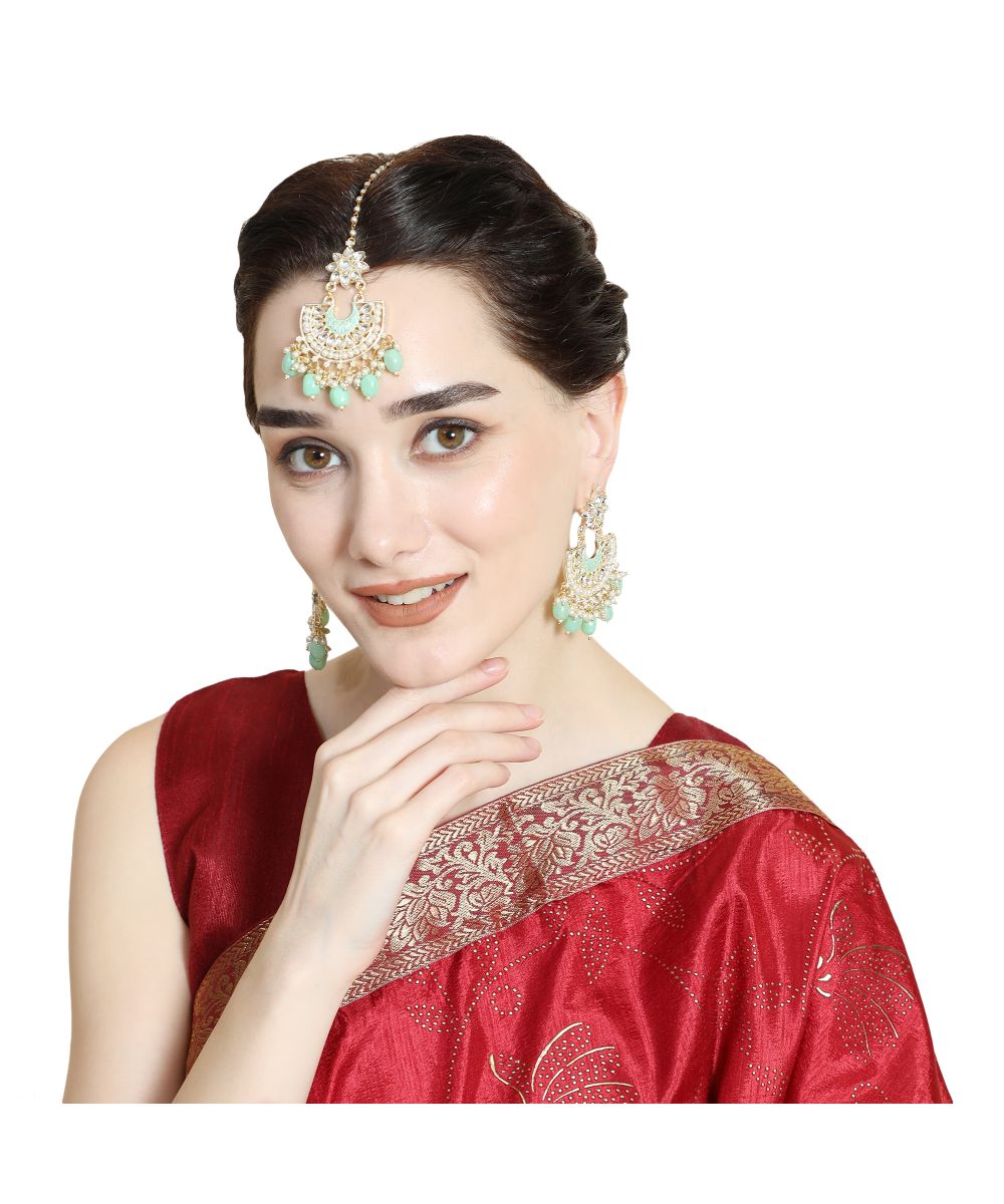 Women's Gold Plated Kundan and Pearl Studded Chandbali Maang-tikka and Earring Set