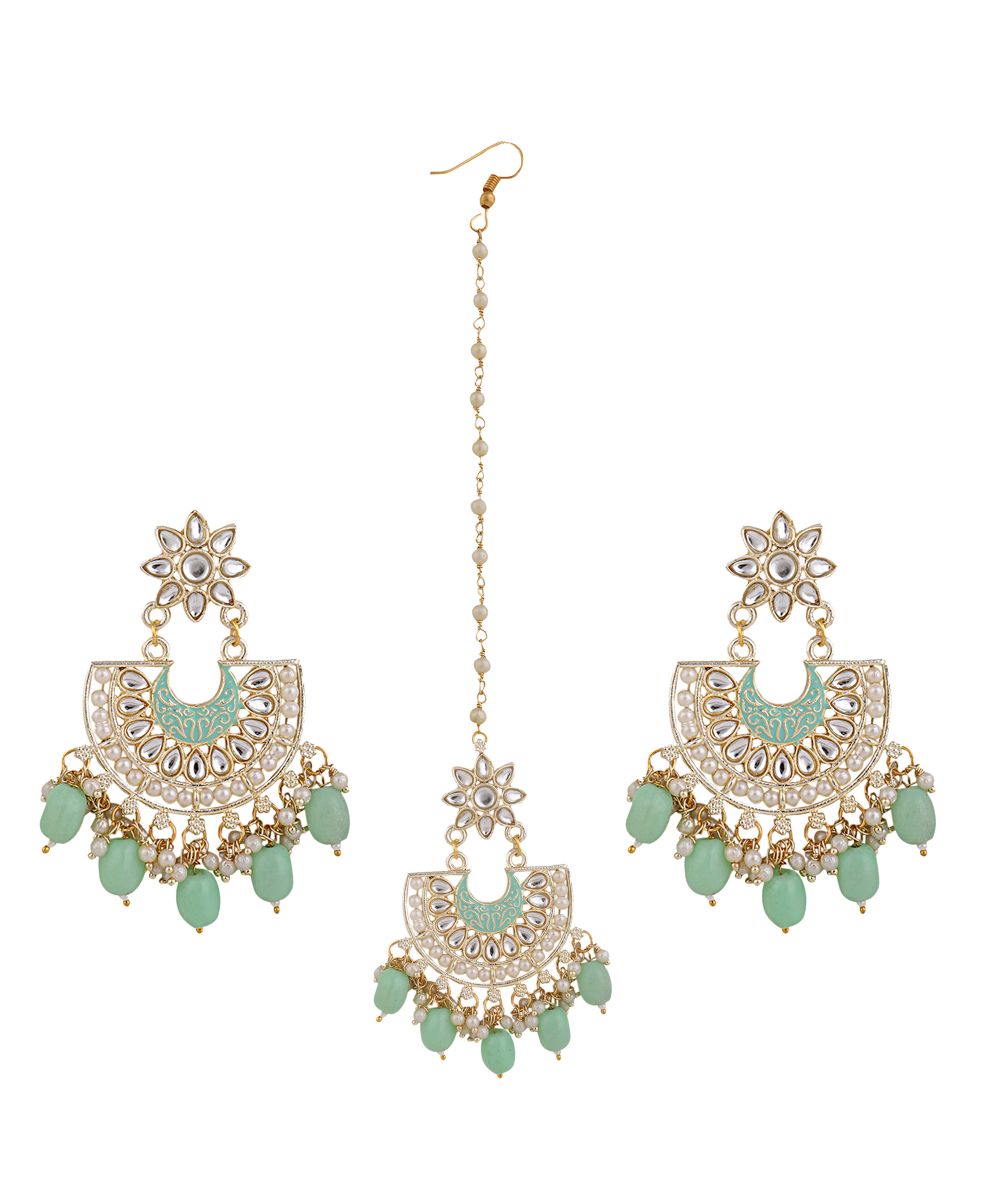 Women's Gold Plated Kundan and Pearl Studded Chandbali Maang-tikka and Earring Set