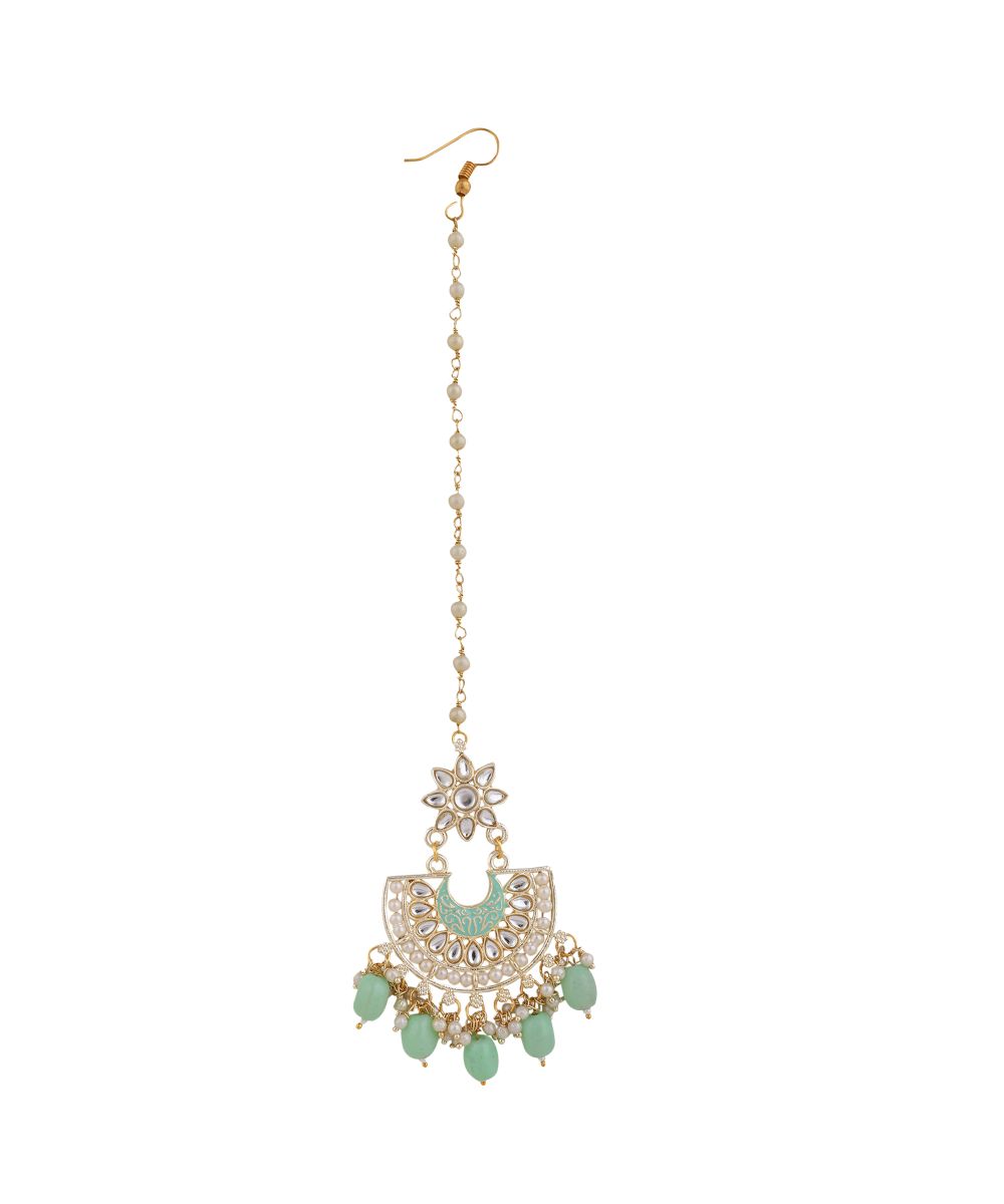 Women's Gold Plated Kundan and Pearl Studded Chandbali Maang-tikka and Earring Set